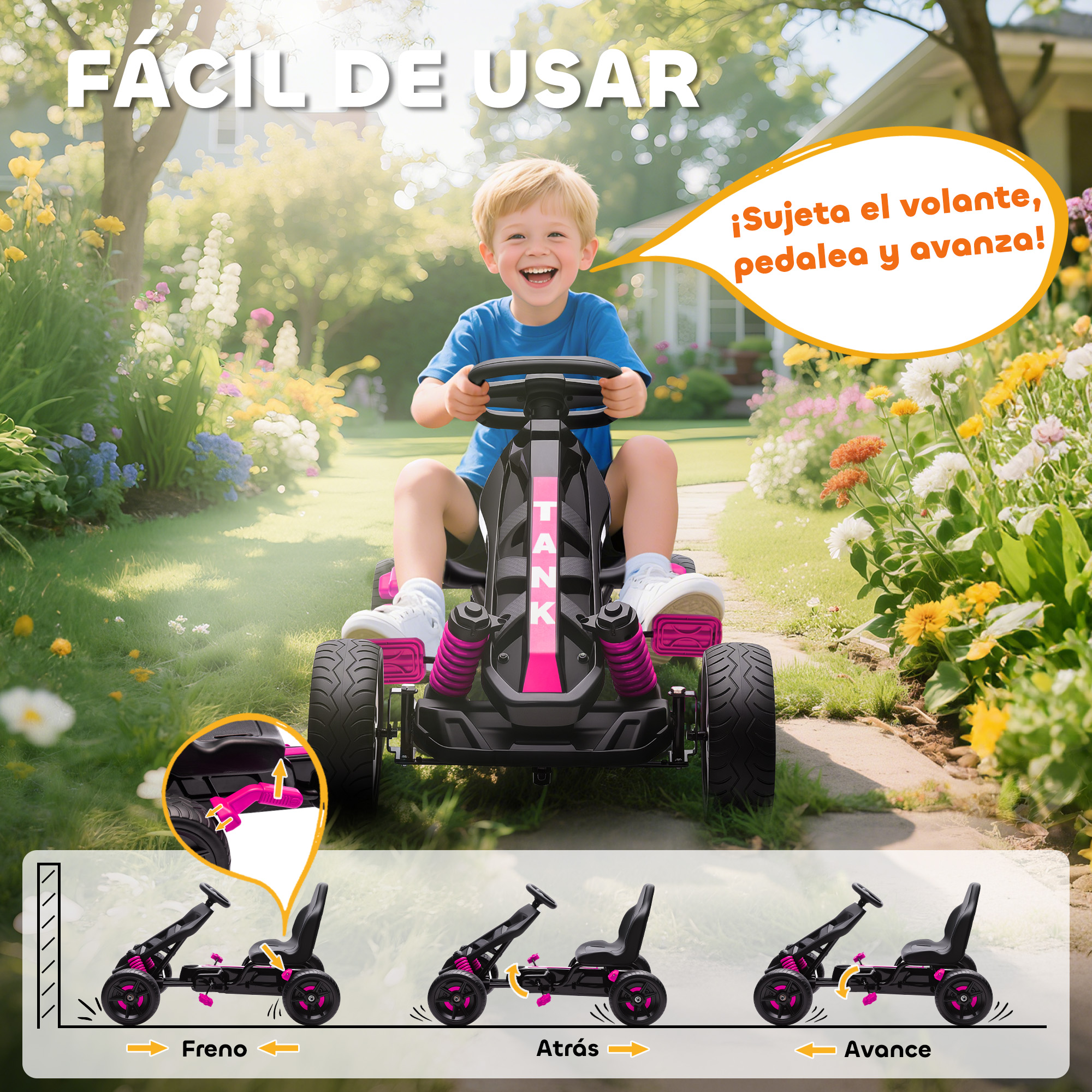 Un niño feliz conduce un kart negro en un sendero de jardín, rodeado de flores de colores.