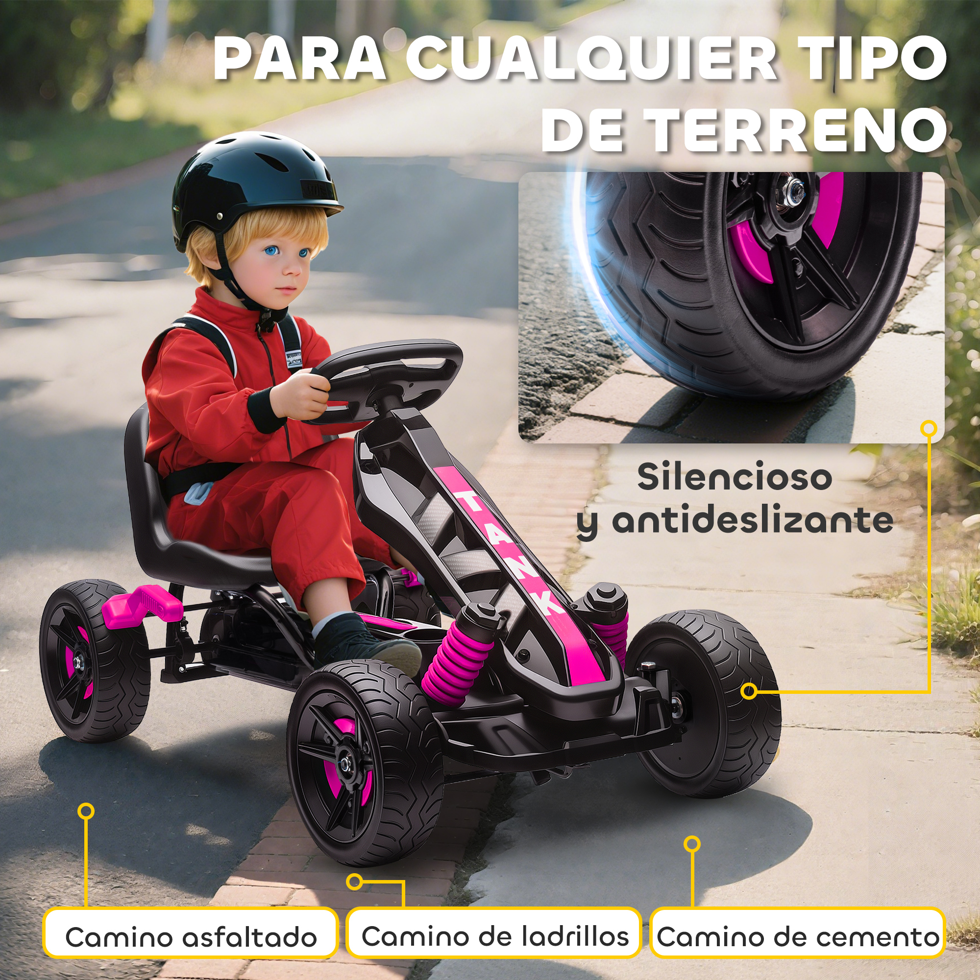 Un niño con traje rojo conduce un kart negro con detalles rosas al aire libre.