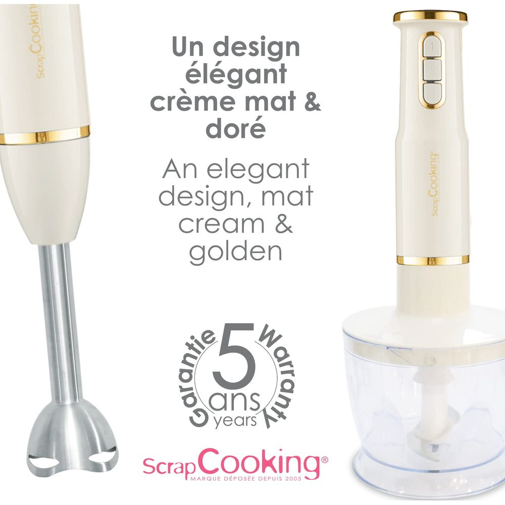 Frullatore ad immersione e tritatutto color crema e oro con testo in francese e inglese.