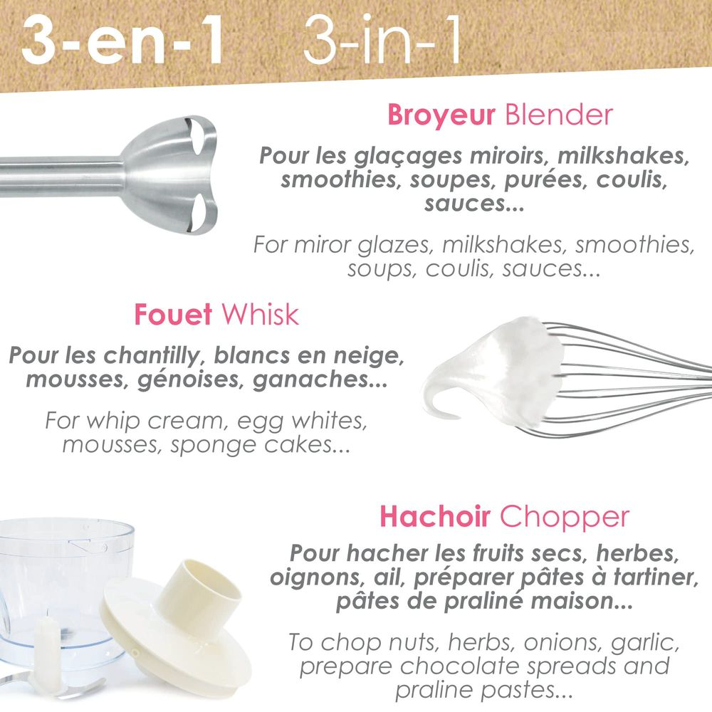 Un elettrodomestico da cucina 3 in 1 con frullatore, frusta e tritatutto, con testo in francese e inglese.
