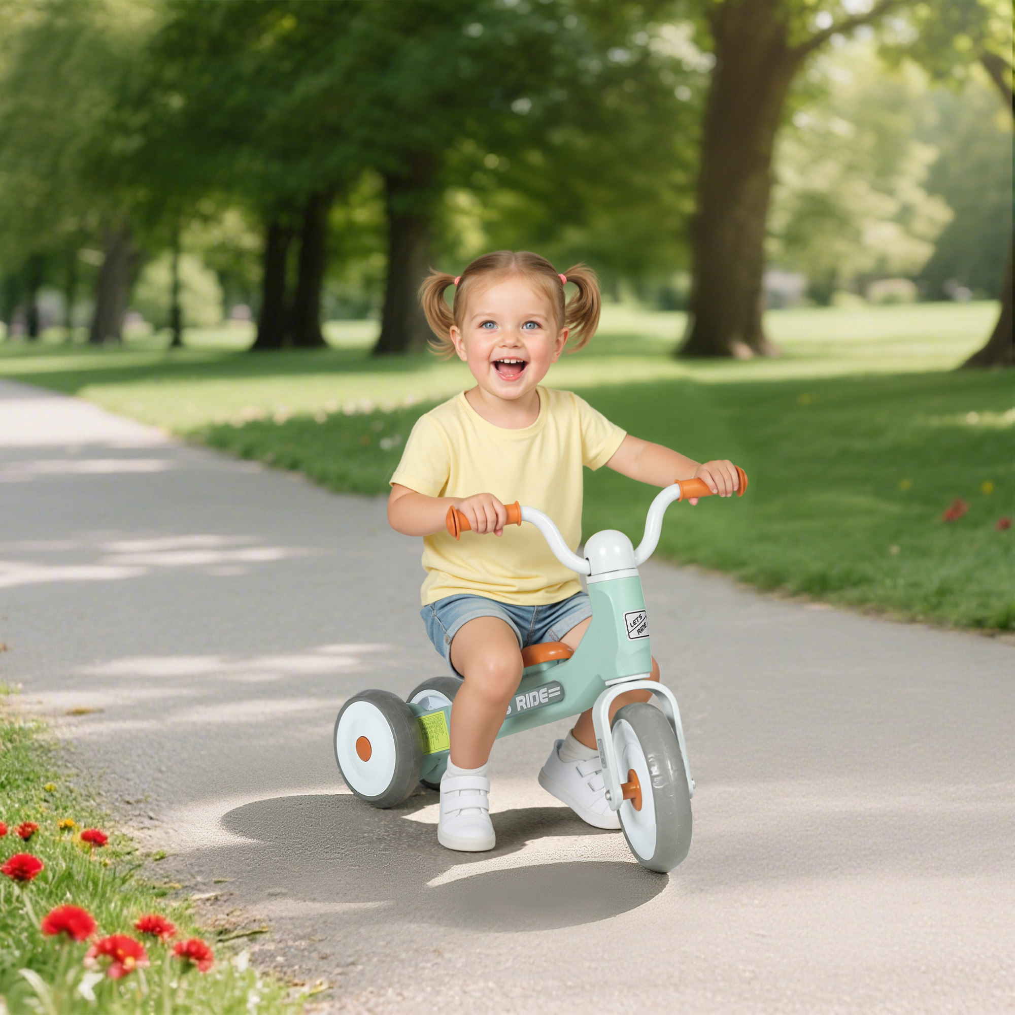 Una niña sonriente con coletas monta felizmente en un triciclo verde claro por un sendero de un parque.