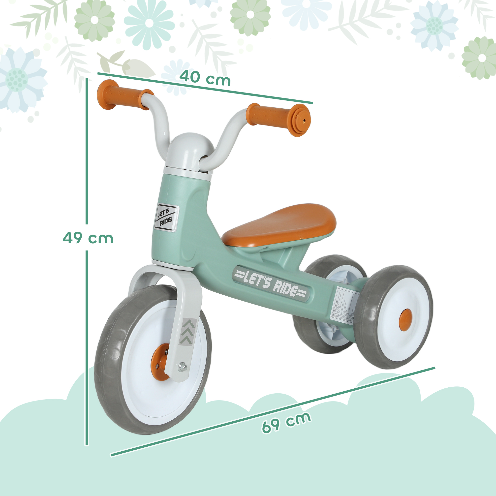 Triciclo verde para niños con asiento y manillar marrones, dimensiones mostradas.