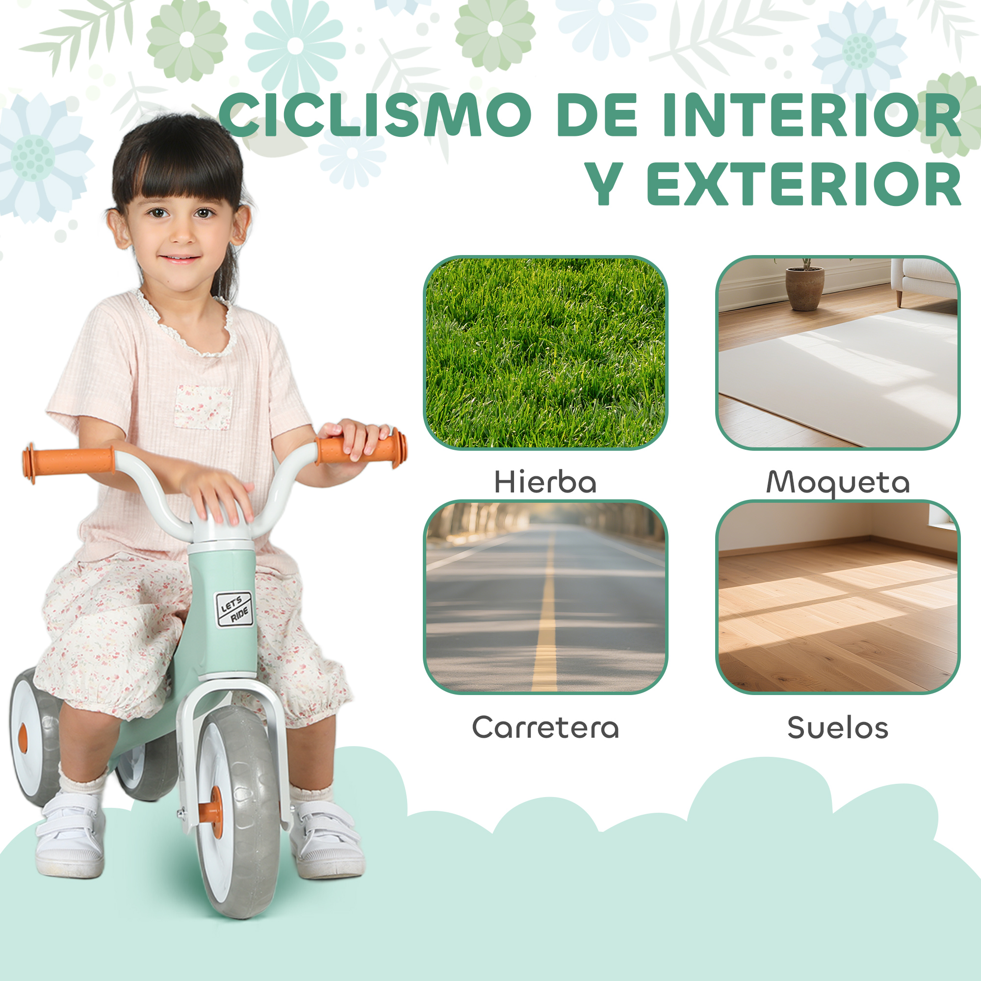 Niña en una bicicleta de equilibrio verde, con cuatro imágenes pequeñas que muestran hierba, moqueta, carretera y suelo de madera.