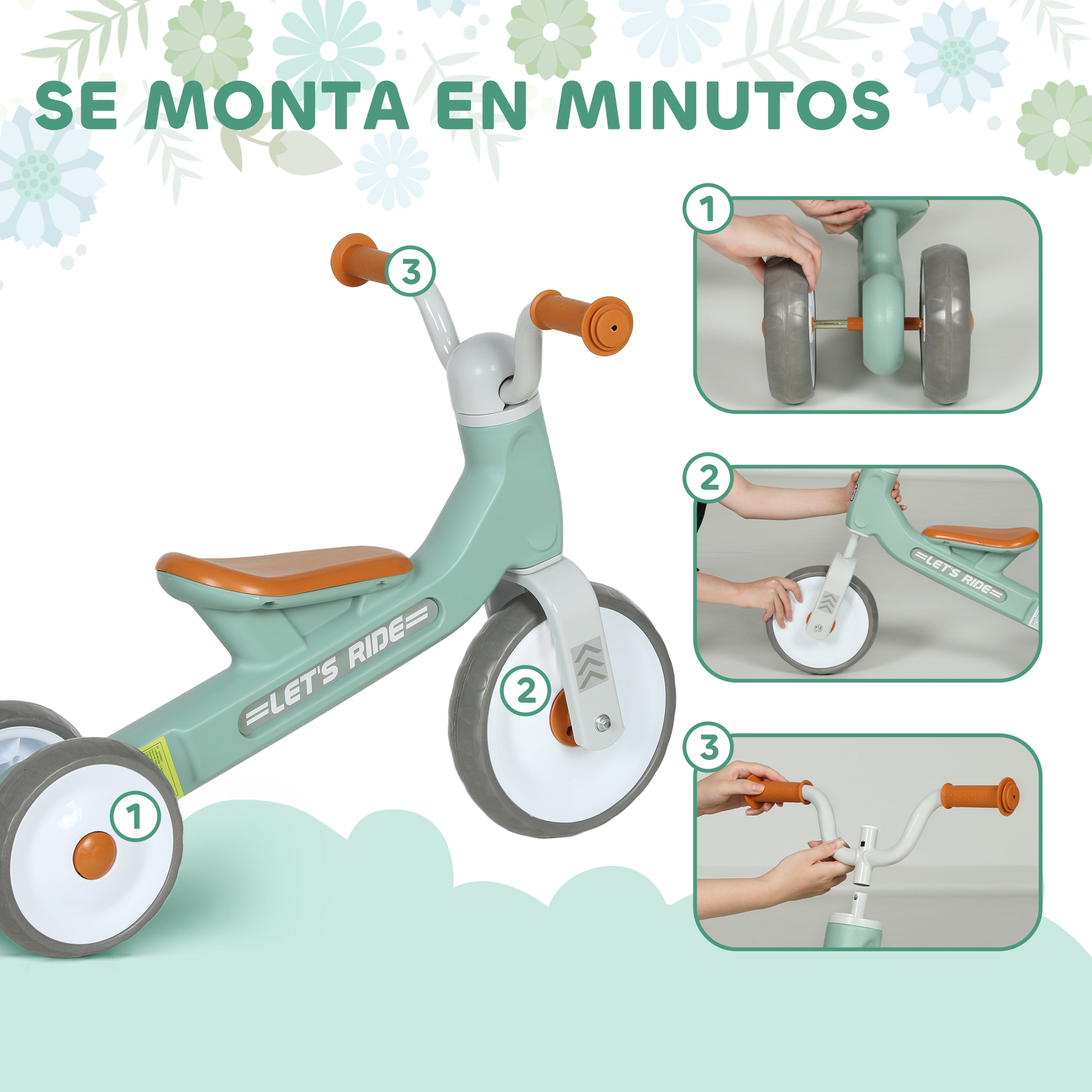Un triciclo infantil verde con tres pasos que muestran cómo montar las ruedas, la horquilla y el manillar.