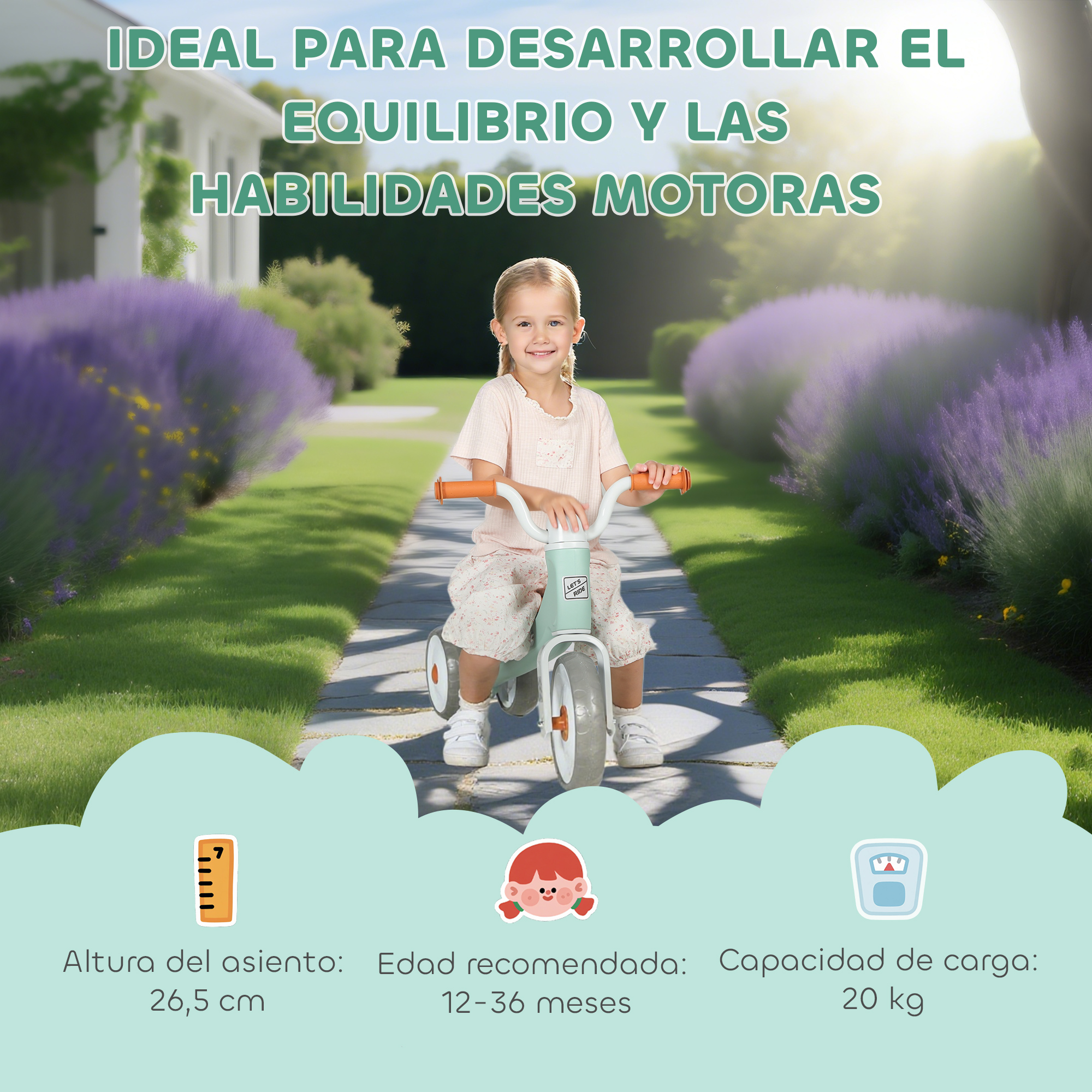 Un niño pequeño monta en una bicicleta de equilibrio por un sendero con lavanda.