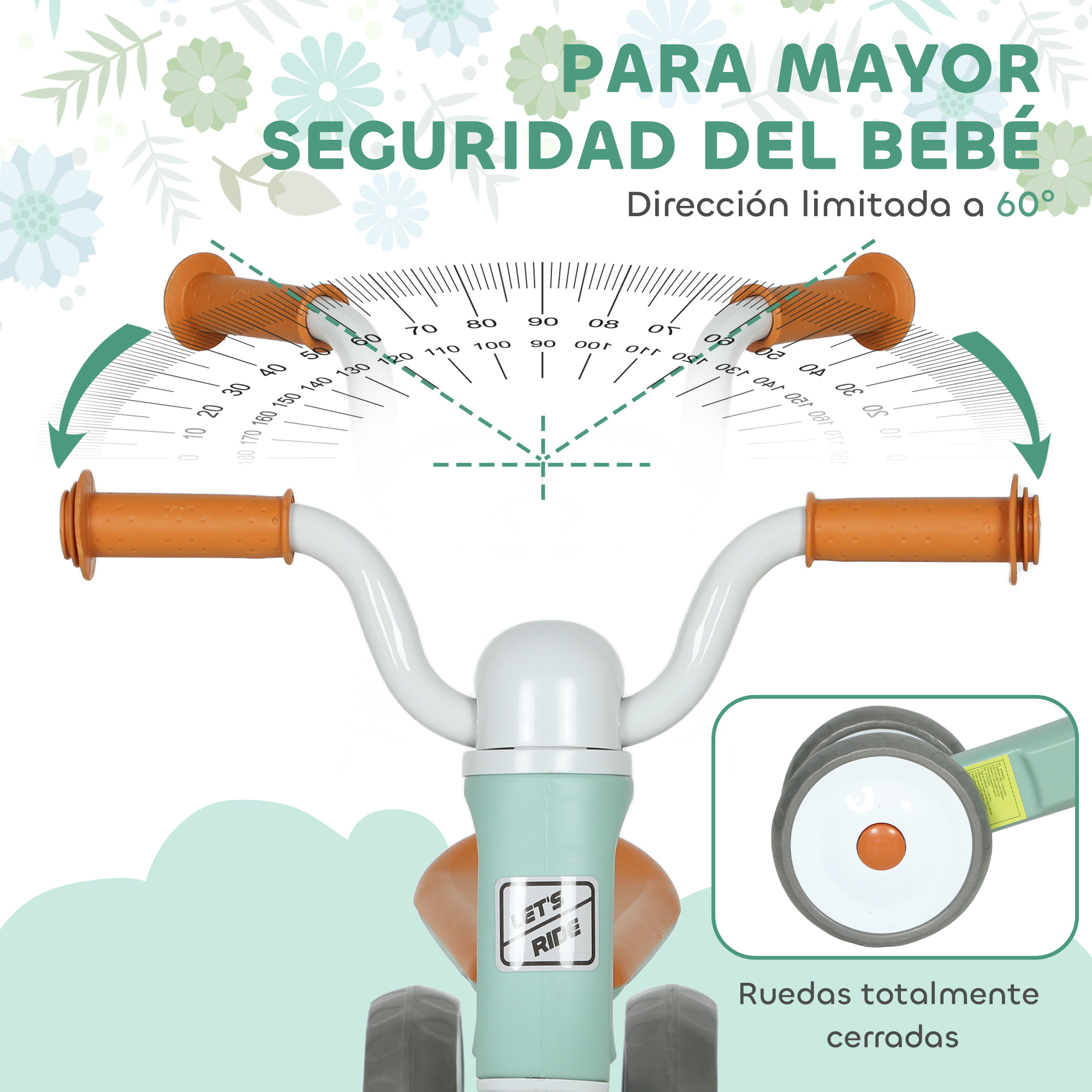 Bicicleta de equilibrio con dirección limitada a 60 grados y ruedas cerradas.