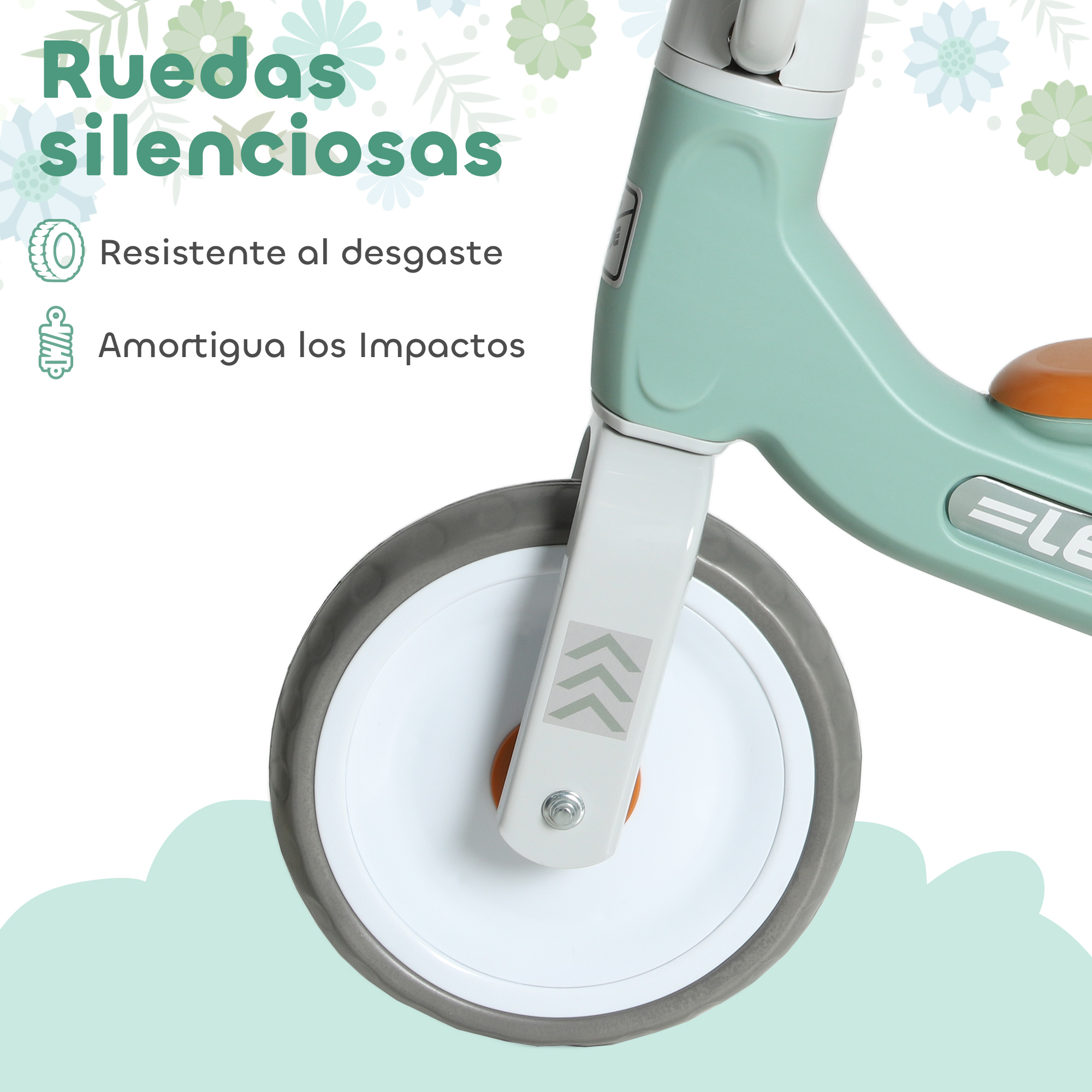 Primer plano de una bicicleta de equilibrio verde claro con neumático gris y llanta blanca, con texto en español.