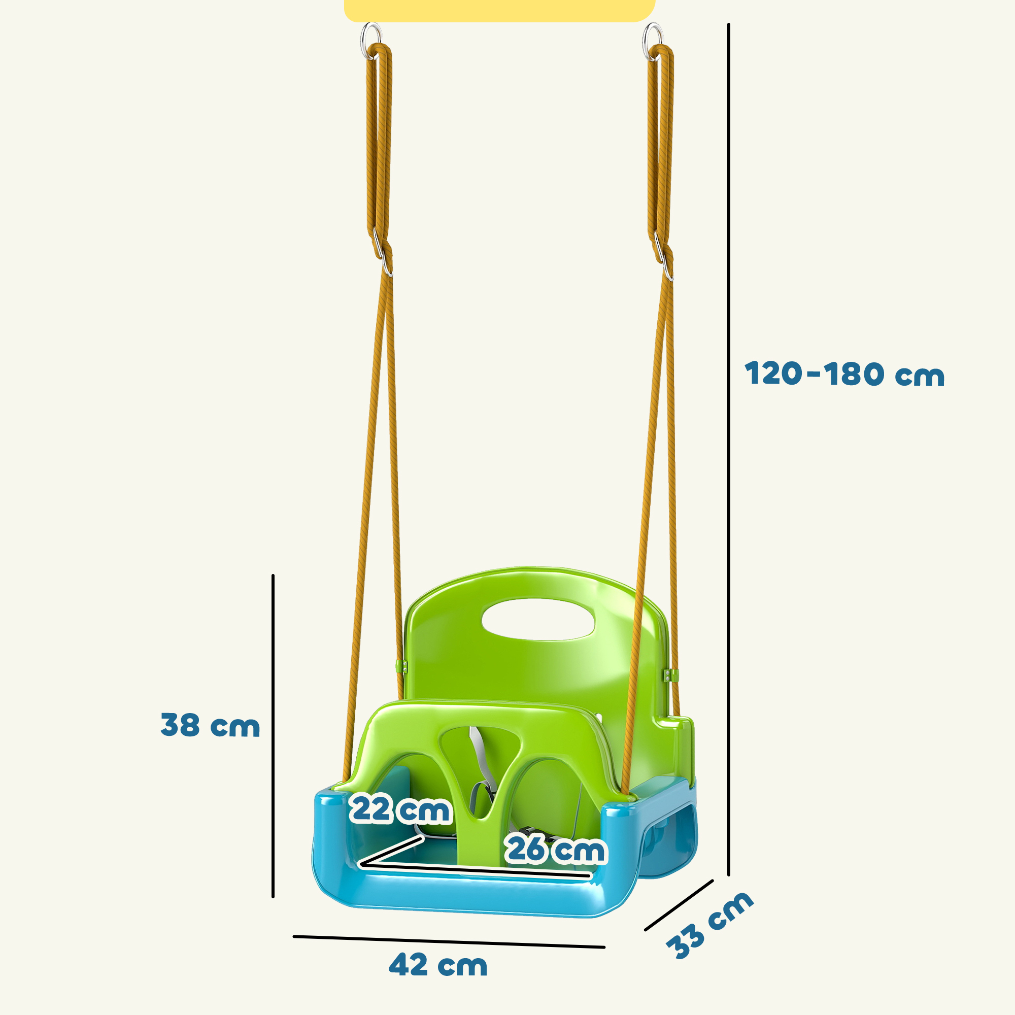 Asiento de columpio verde y azul para niños con cuerdas amarillas y medidas en centímetros.