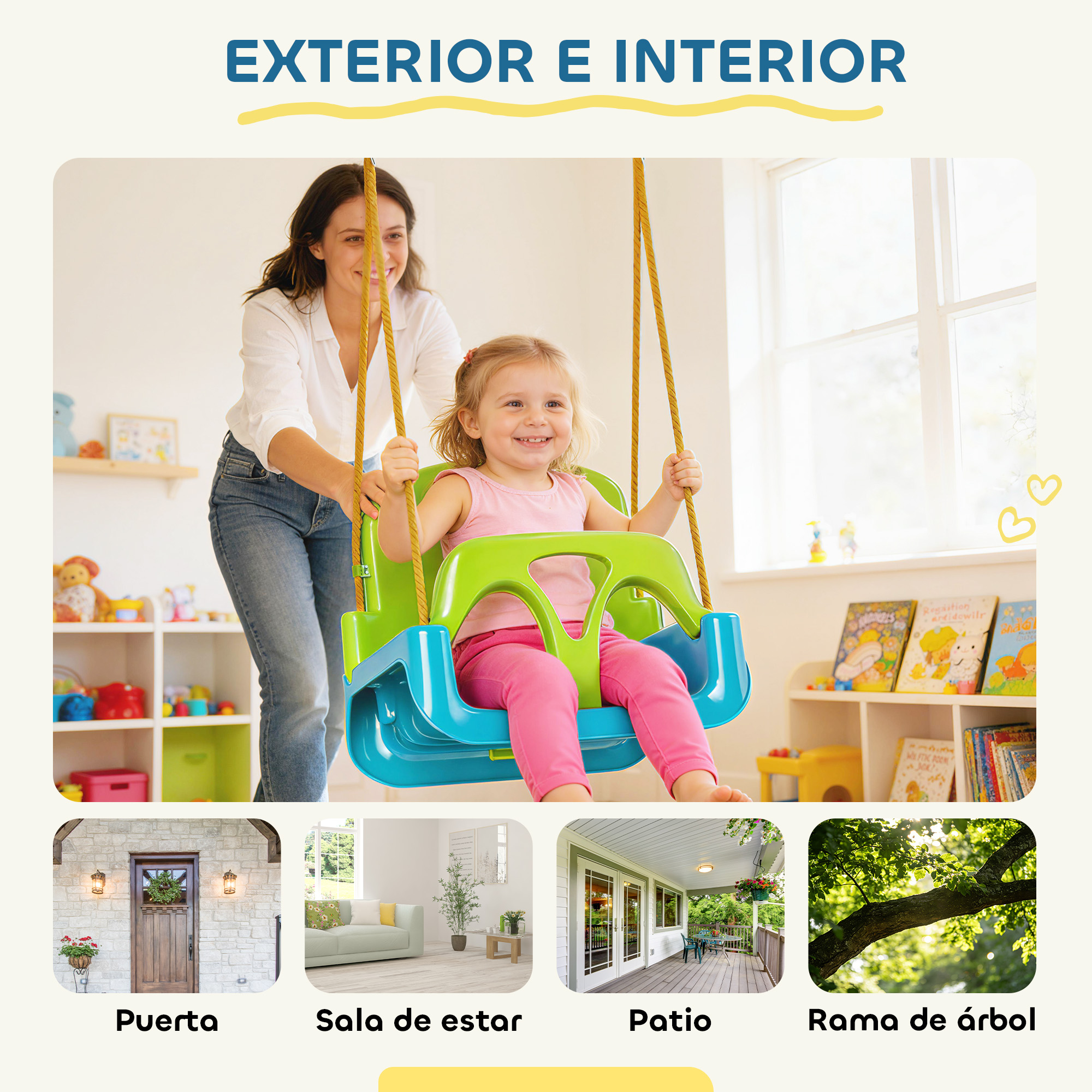 Una niña sonriente en un columpio interior azul y verde, empujada por una mujer. Cuatro imágenes más pequeñas muestran puerta, sala, patio y rama.