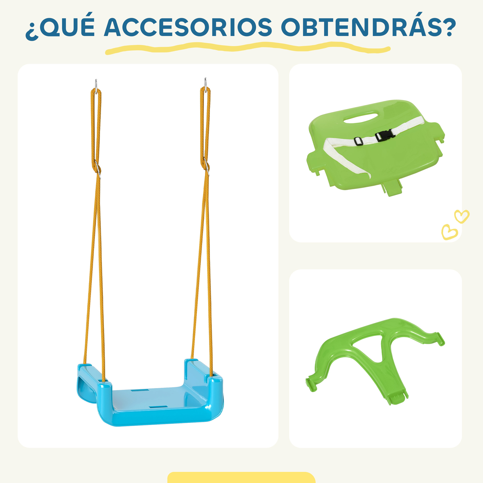 Columpio azul con cuerdas amarillas y dos accesorios verdes.