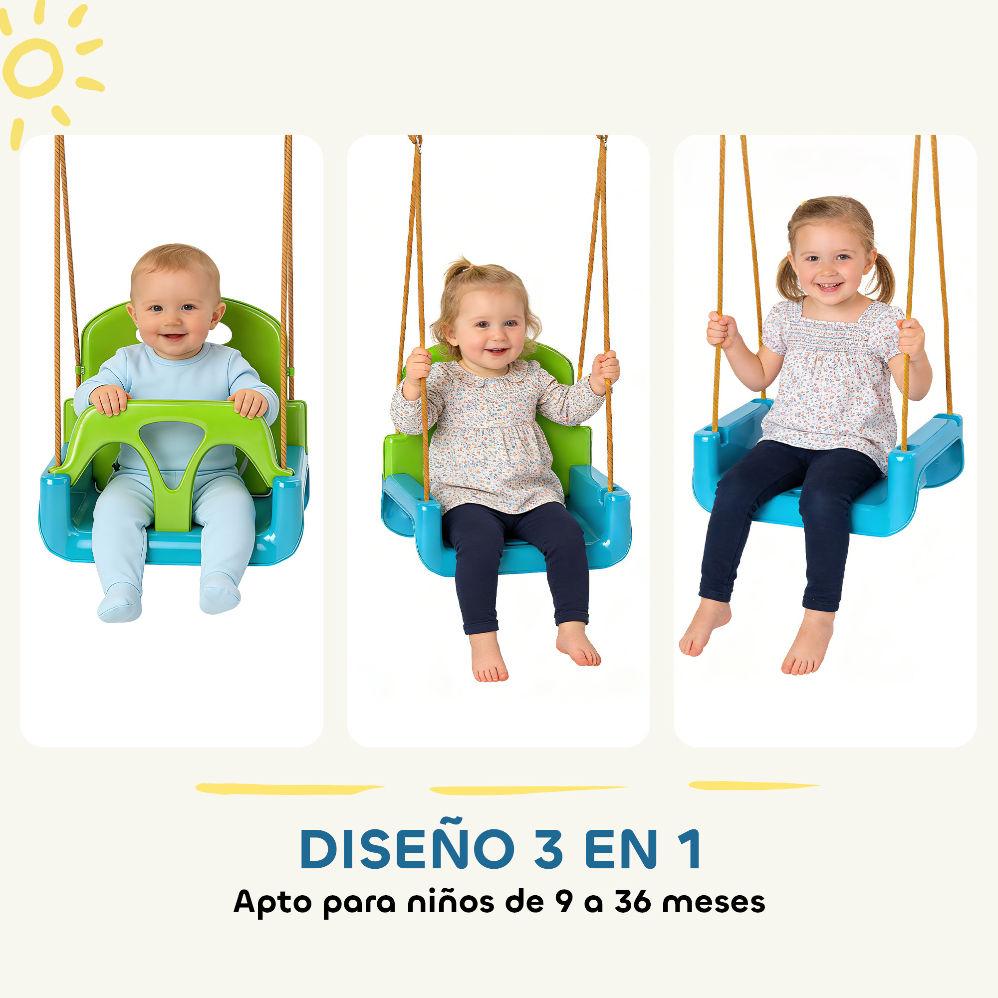 Tres imágenes muestran a un niño creciendo en un columpio 3 en 1 a diferentes edades.