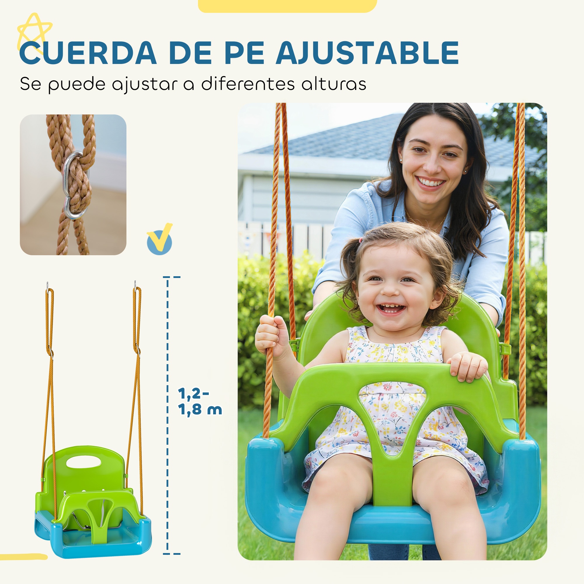 Una mujer empuja a una niña sonriente en un columpio colorido de jardín.