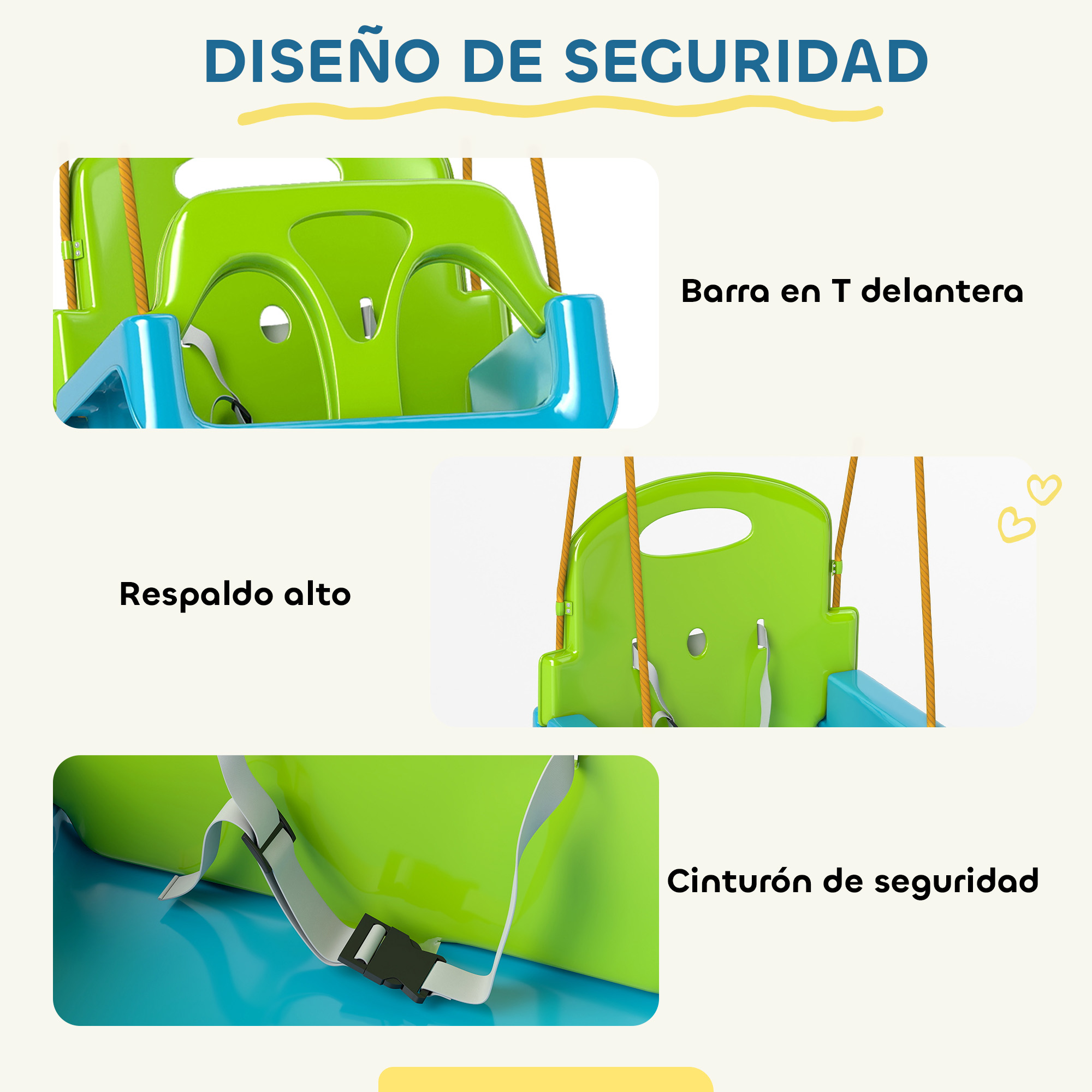Columpio de bebé de plástico verde y azul con barra en T de seguridad, respaldo alto y arnés.