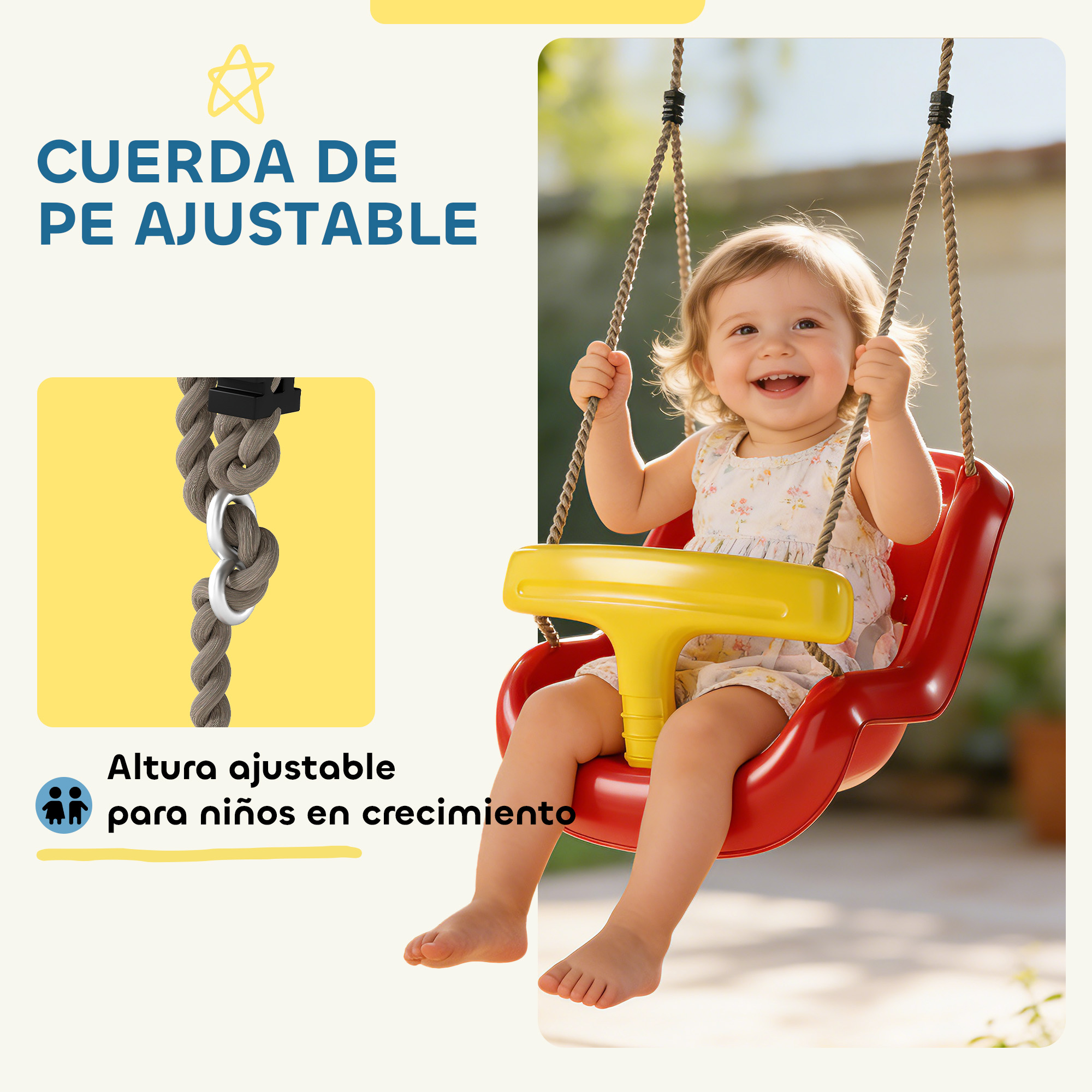 Niño pequeño sonriendo felizmente en un columpio rojo con cuerda ajustable.
