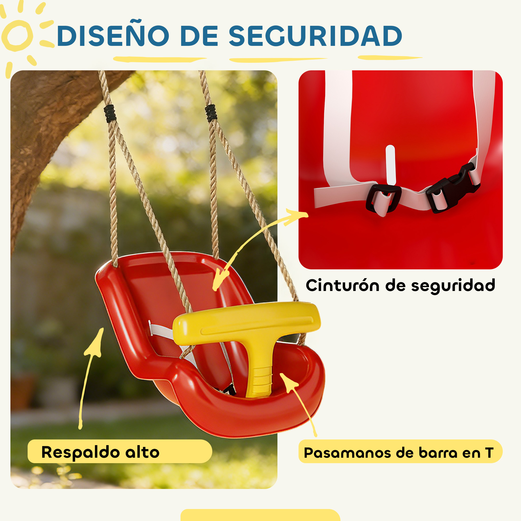 Columpio rojo para niños con respaldo alto, cinturón de seguridad y barra en T en un jardín.