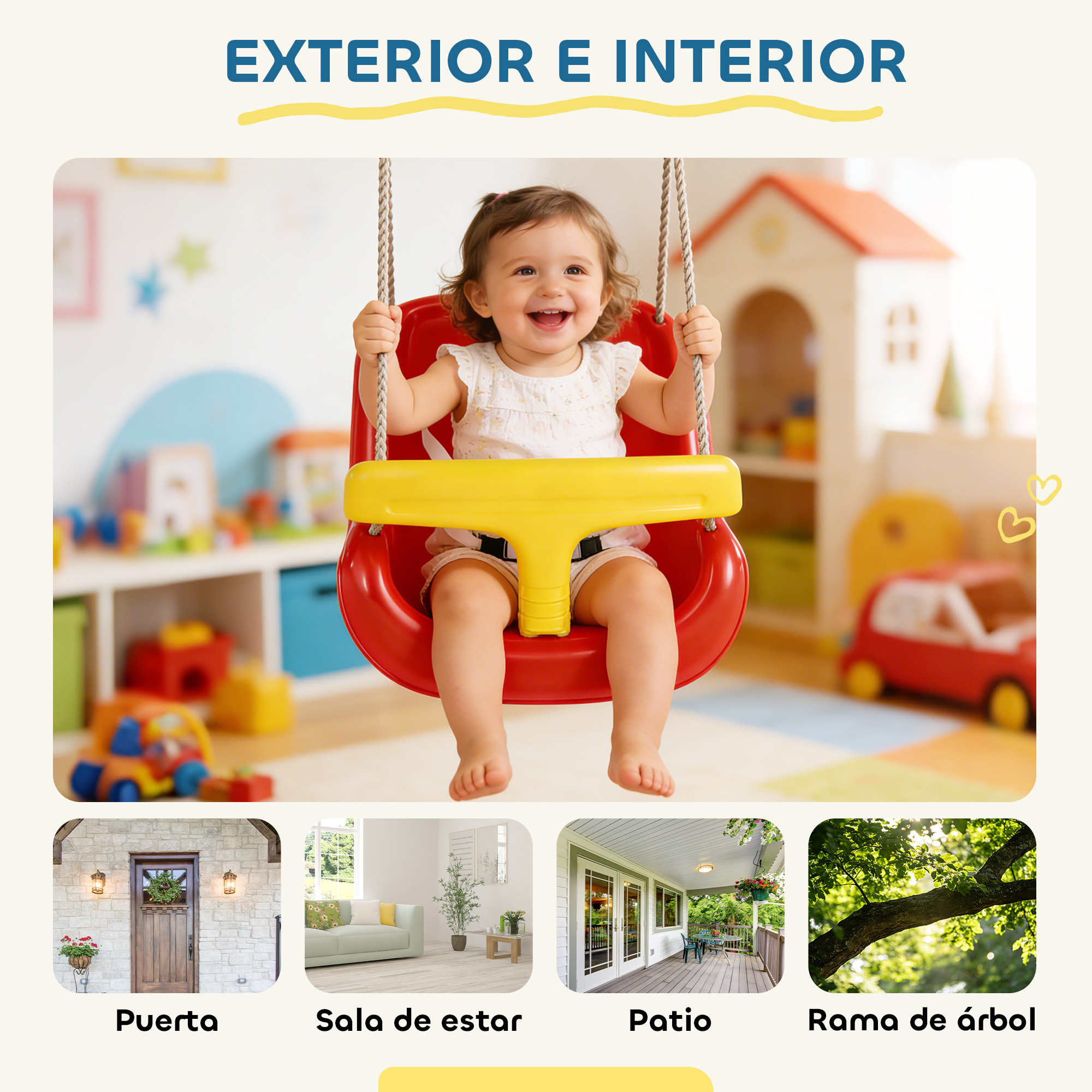 Un niño pequeño sonriente se balancea felizmente en un columpio rojo y amarillo.