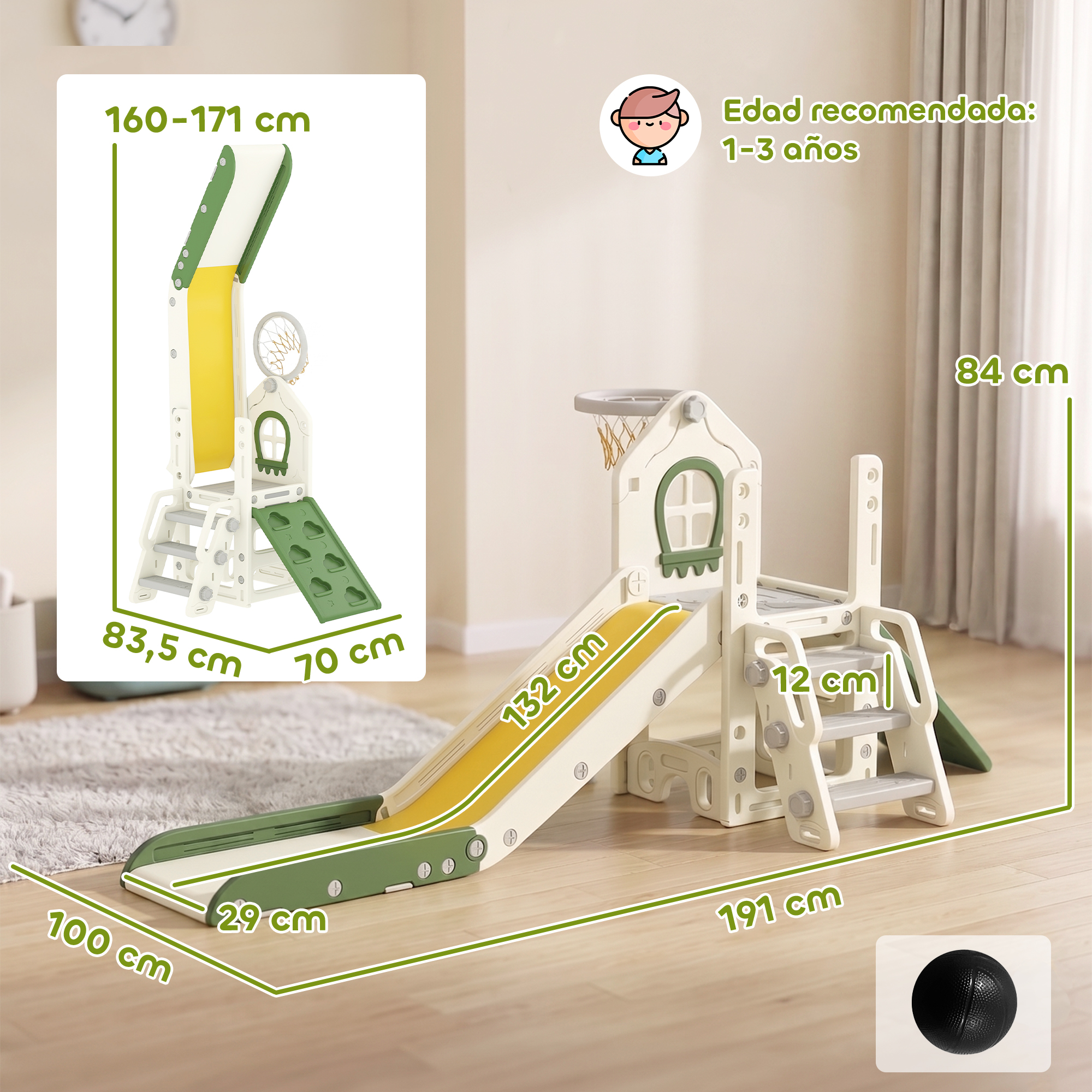 Tobogán infantil en blanco, amarillo y verde con rocódromo, canasta y dimensiones.