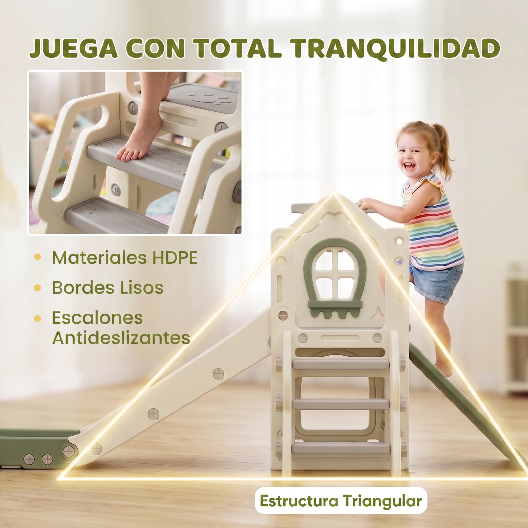 Niña feliz trepando por un tobogán blanco con estructura triangular y escalones antideslizantes.