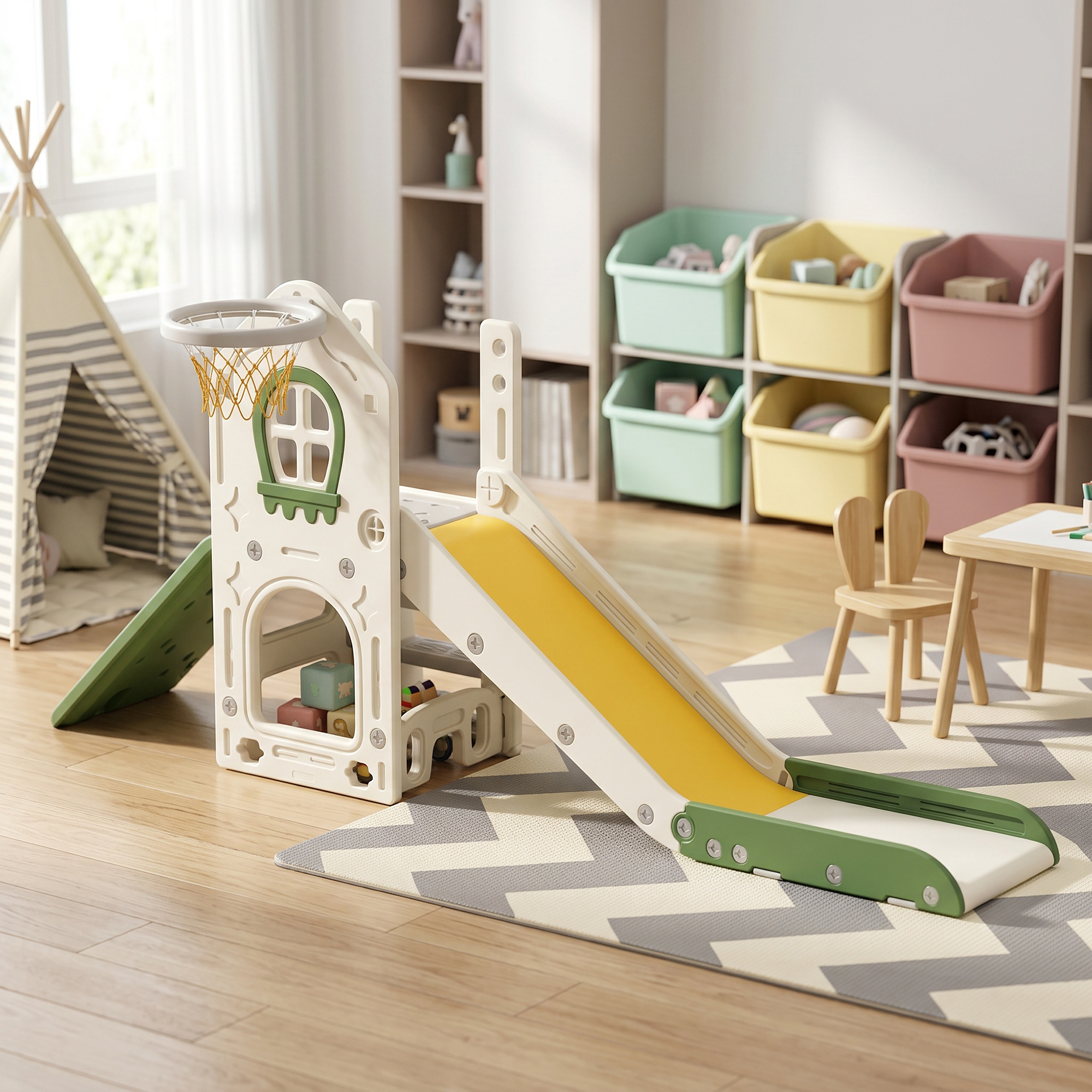 Zona de juegos infantil con tobogán blanco, amarillo y verde, canasta, tipis y estanterías.