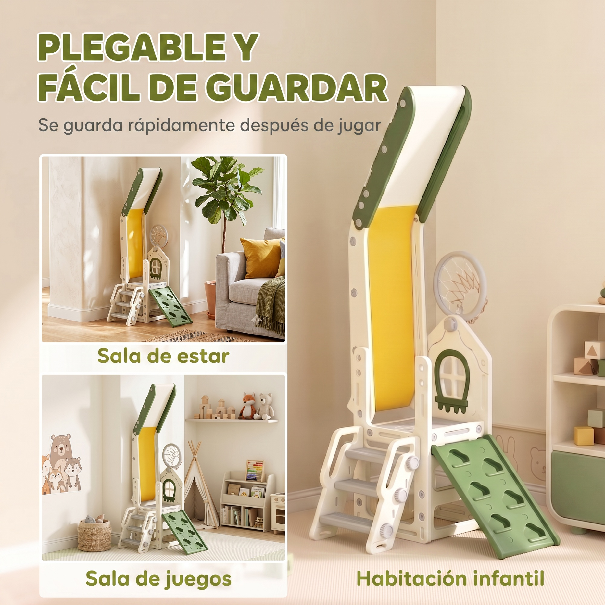 Un juego infantil plegable verde y amarillo con tobogán y canasta de baloncesto en varias habitaciones.