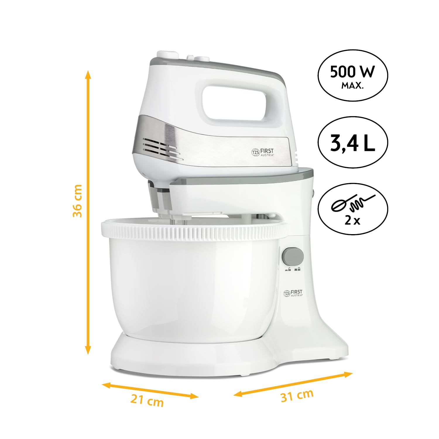 Impastatrice planetaria bianca con ciotola da 3,4L, 500W e dimensioni 36x31x21 cm.