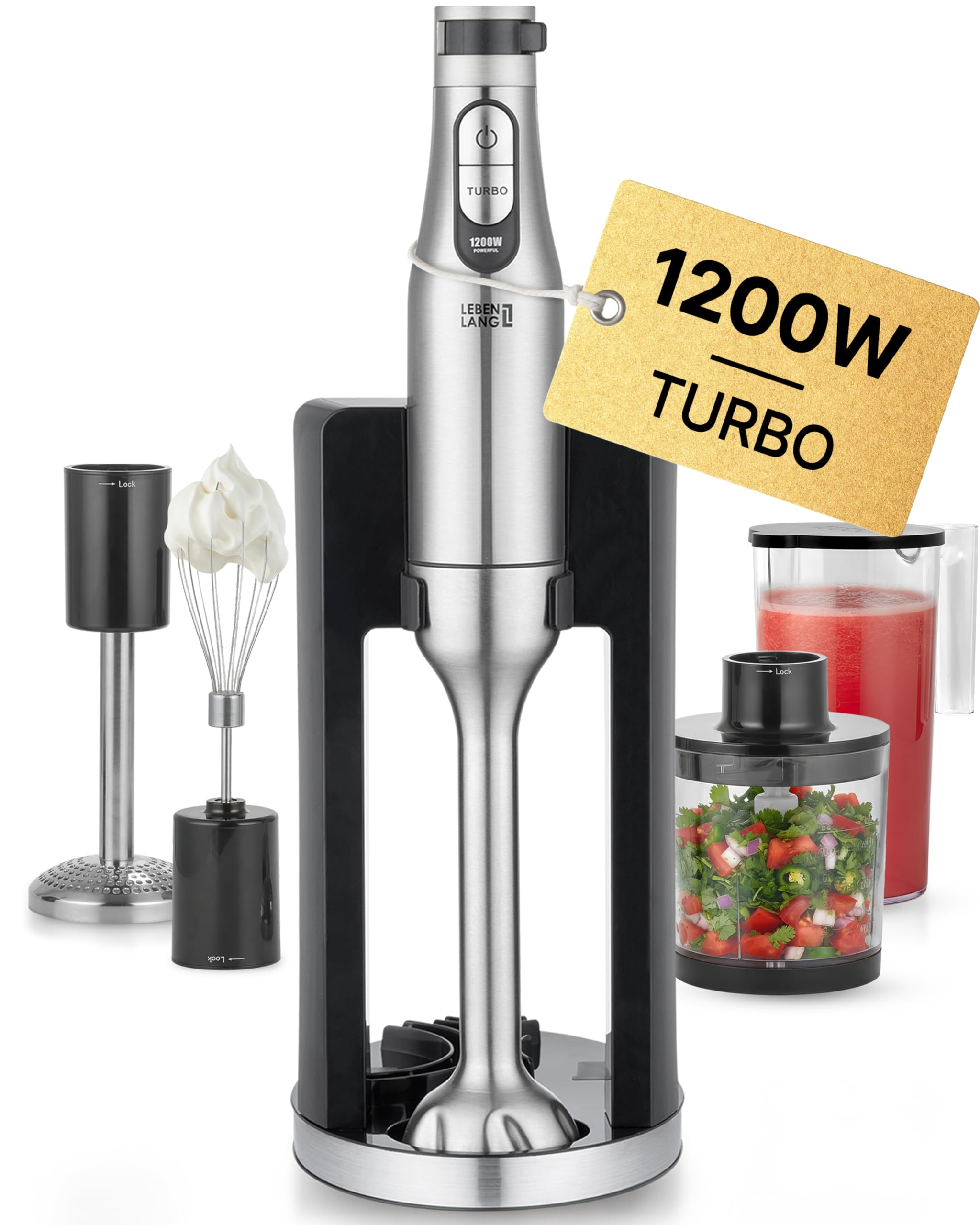 Frullatore ad immersione argentato su supporto con accessori e etichetta 1200W Turbo.