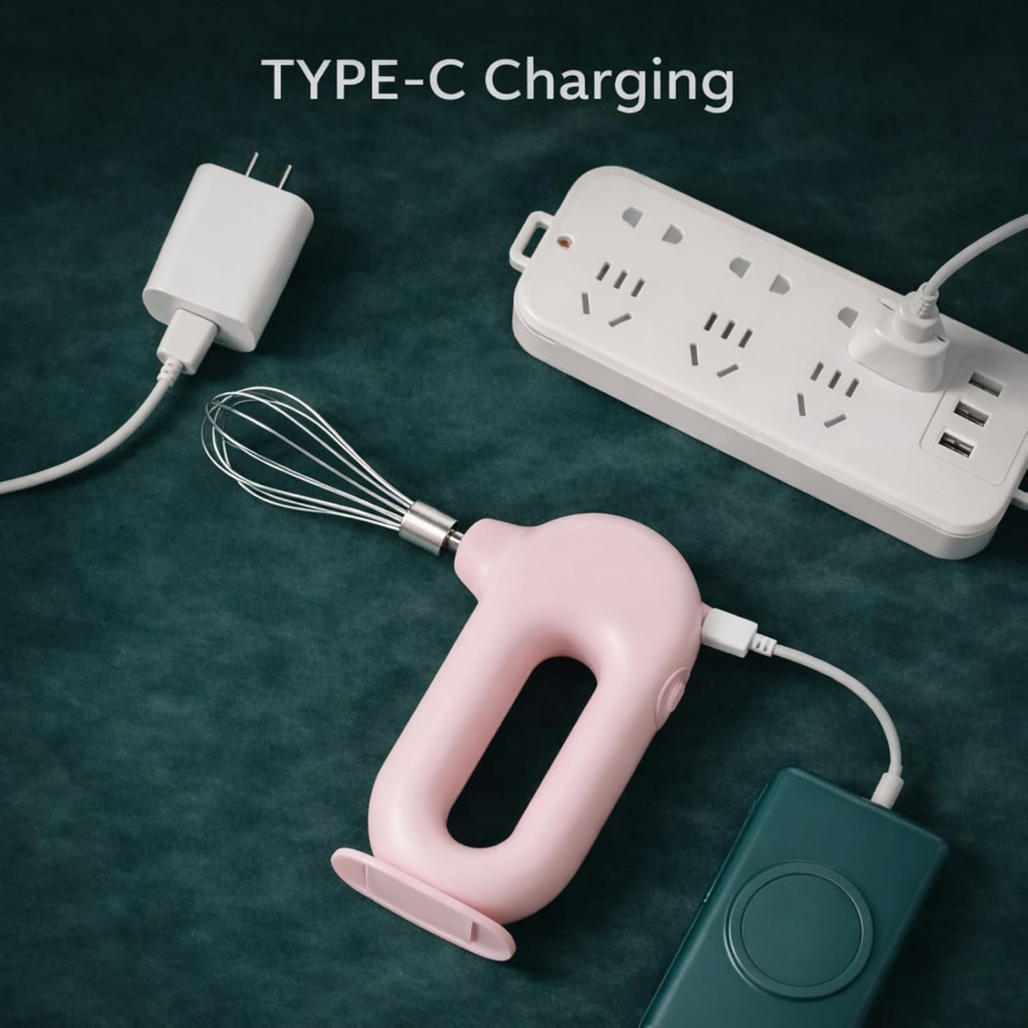 Ein rosa Handrührgerät per USB-C an Powerbank, neben Steckdosenleiste und Ladegerät auf dunkler Oberfläche.