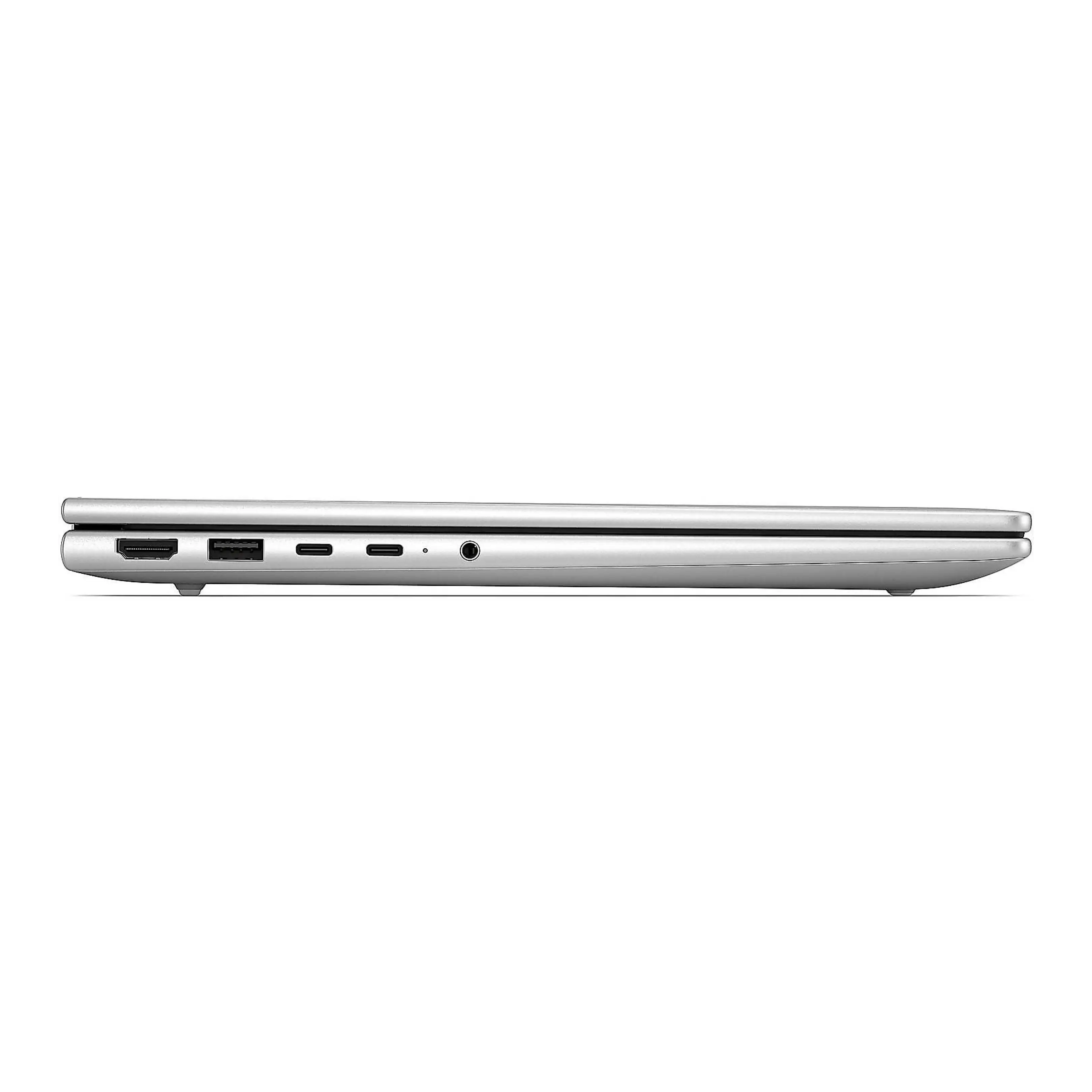 Lato sinistro di un laptop argentato chiuso con porte HDMI, USB-C e audio su sfondo nero.