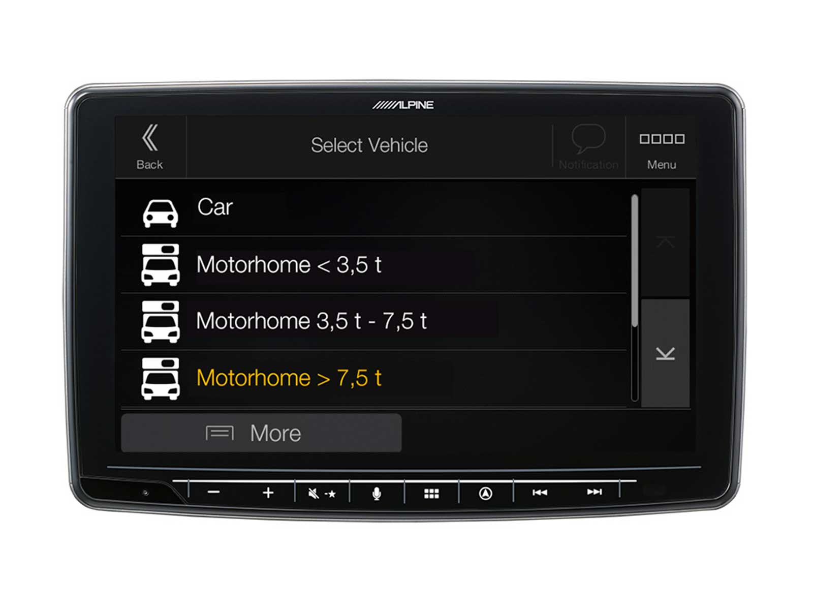 Ein Alpine-Auto-Touchscreen-Display zeigt ein Fahrzeugauswahl-Menü mit Optionen für Auto und Wohnmobile versch. Gewichte.