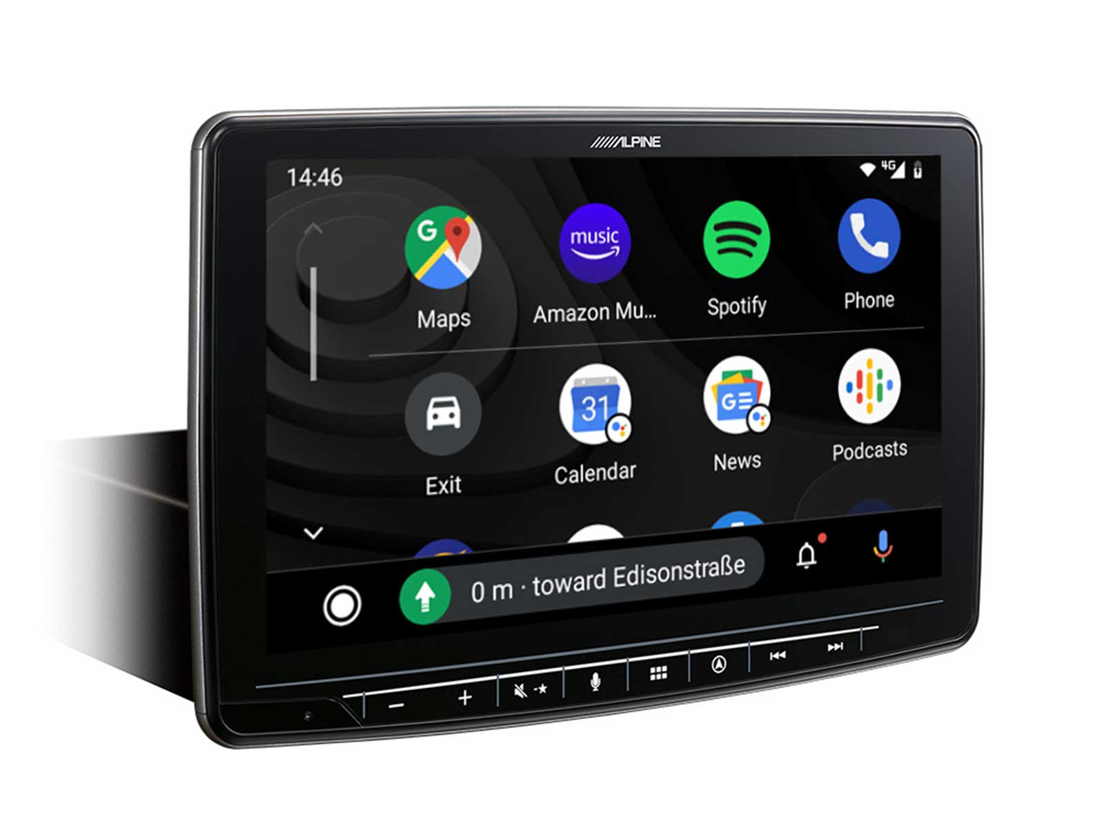 Alpine Autoradio-Touchscreen mit Android Auto-Startbildschirm, App-Icons und Navigationshinweis.