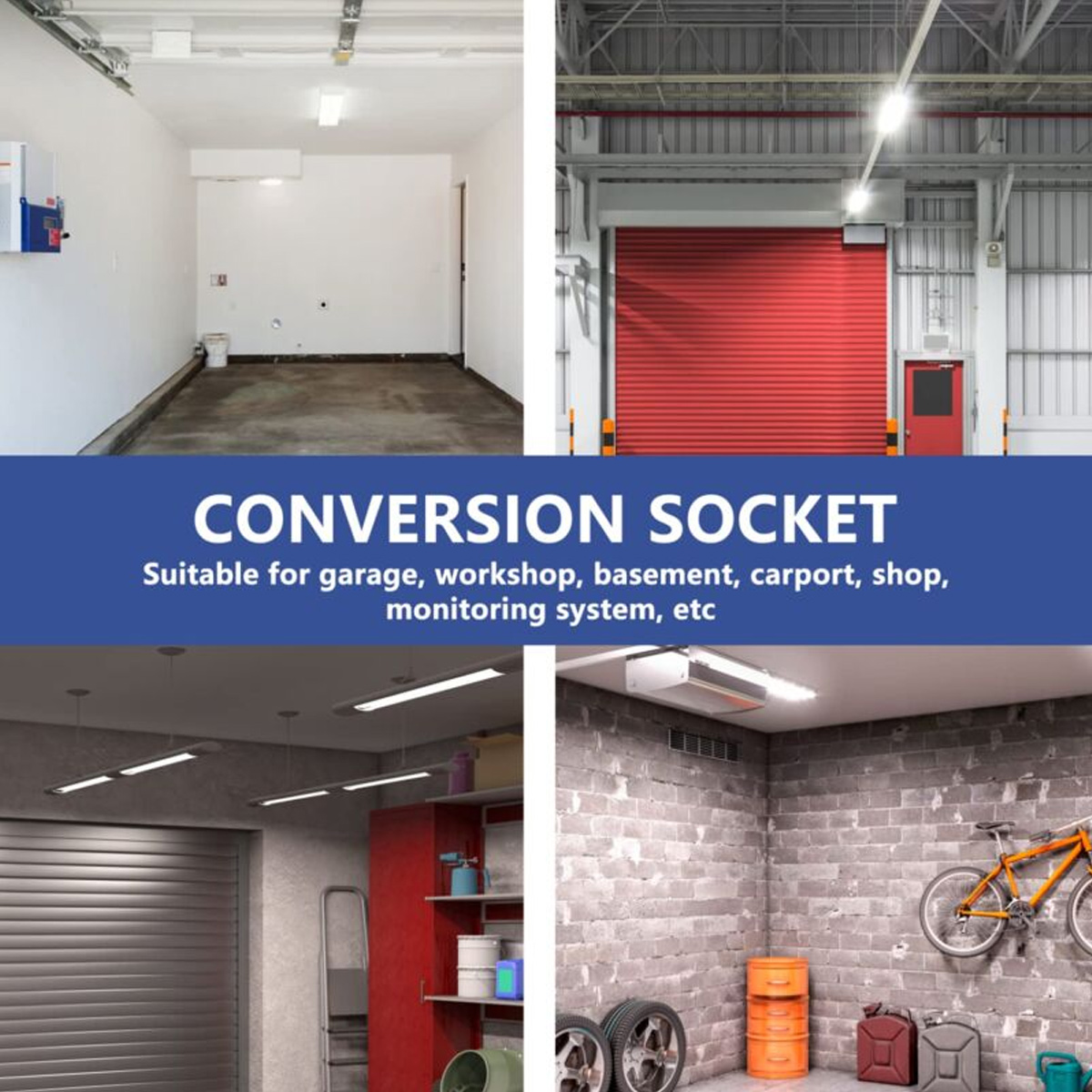 Vier Bilder von verschiedenen Innenräumen wie Garagen und Werkstätten mit Text Conversion Socket.