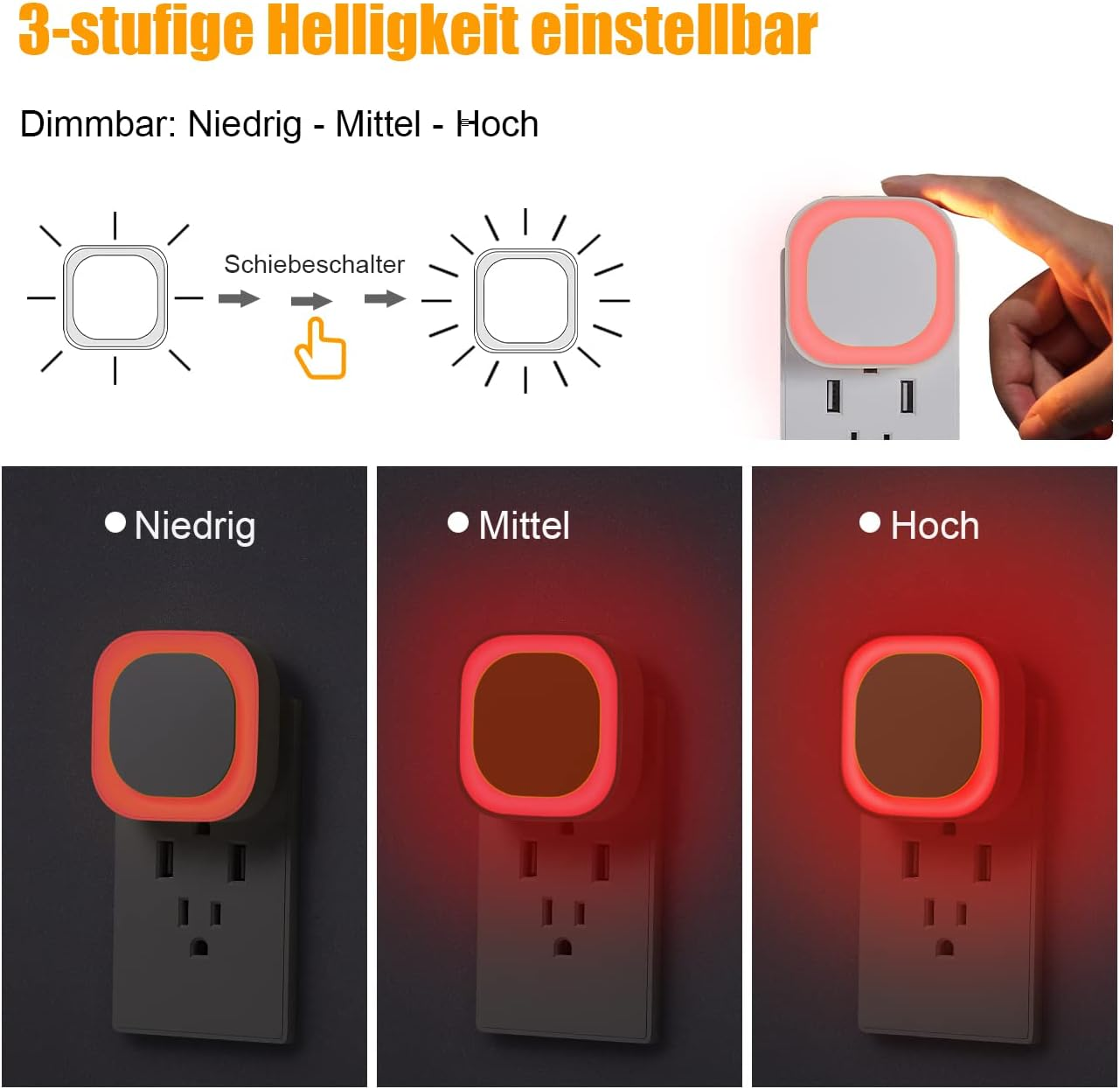 Grafik zeigt dreistufige Helligkeitseinstellung für ein Steckdosenlicht mit niedriger, mittlerer und hoher Stufe.