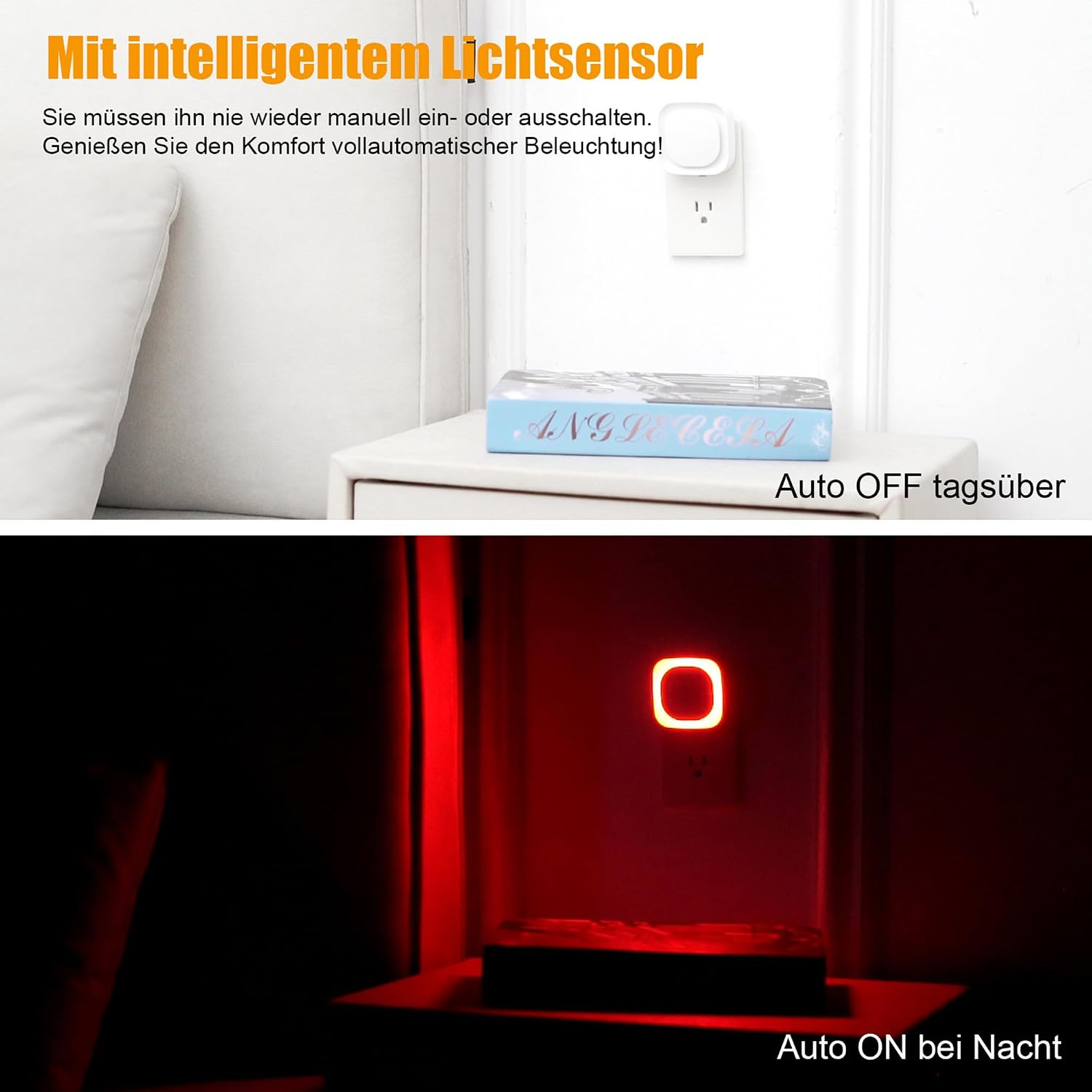 Ein weißes Nachtlicht in einer Steckdose; oben bei Tag ausgeschaltet, unten bei Nacht mit rotem Licht an.