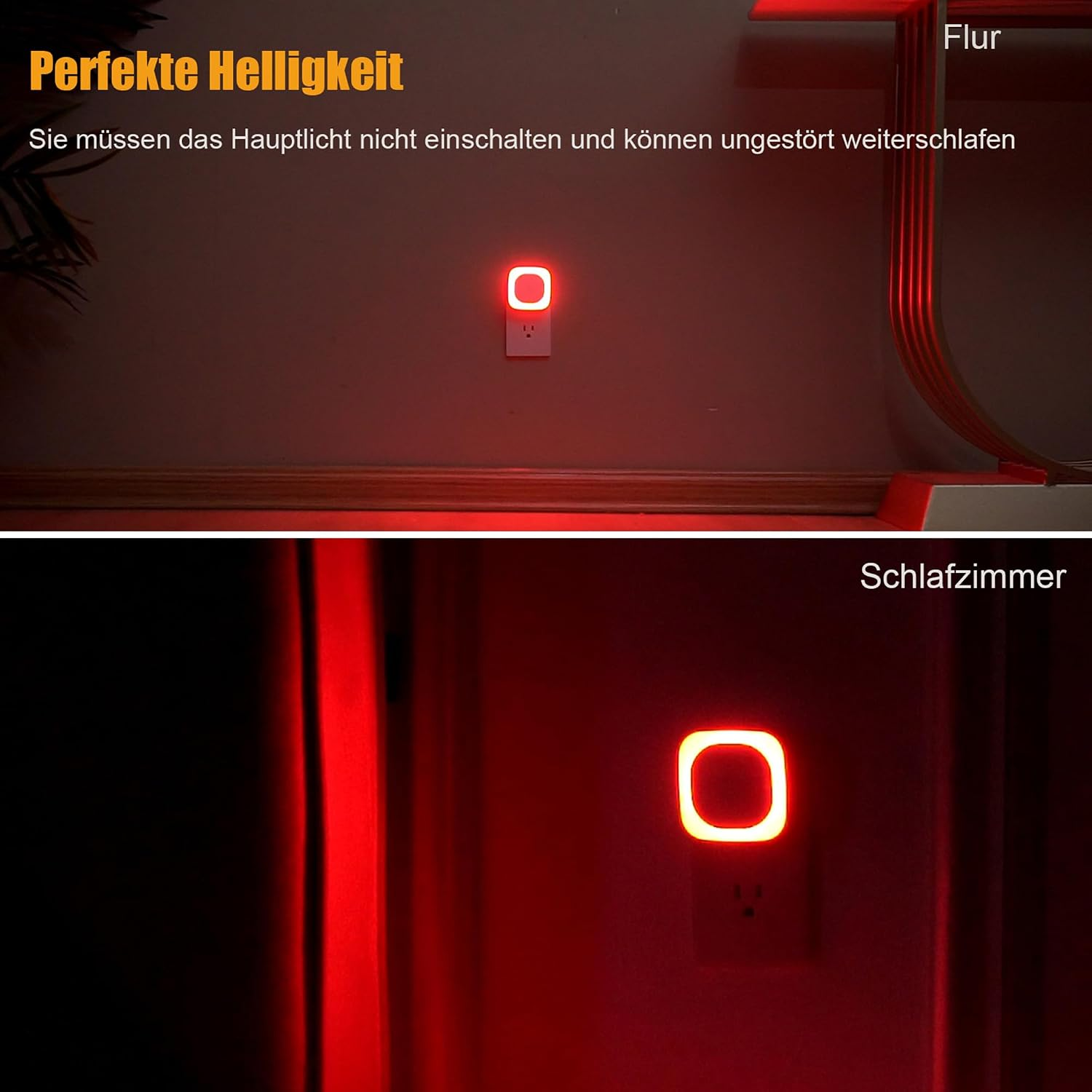 Zwei Bilder zeigen ein rotes Nachtlicht in Flur und Schlafzimmer mit deutschem Text.