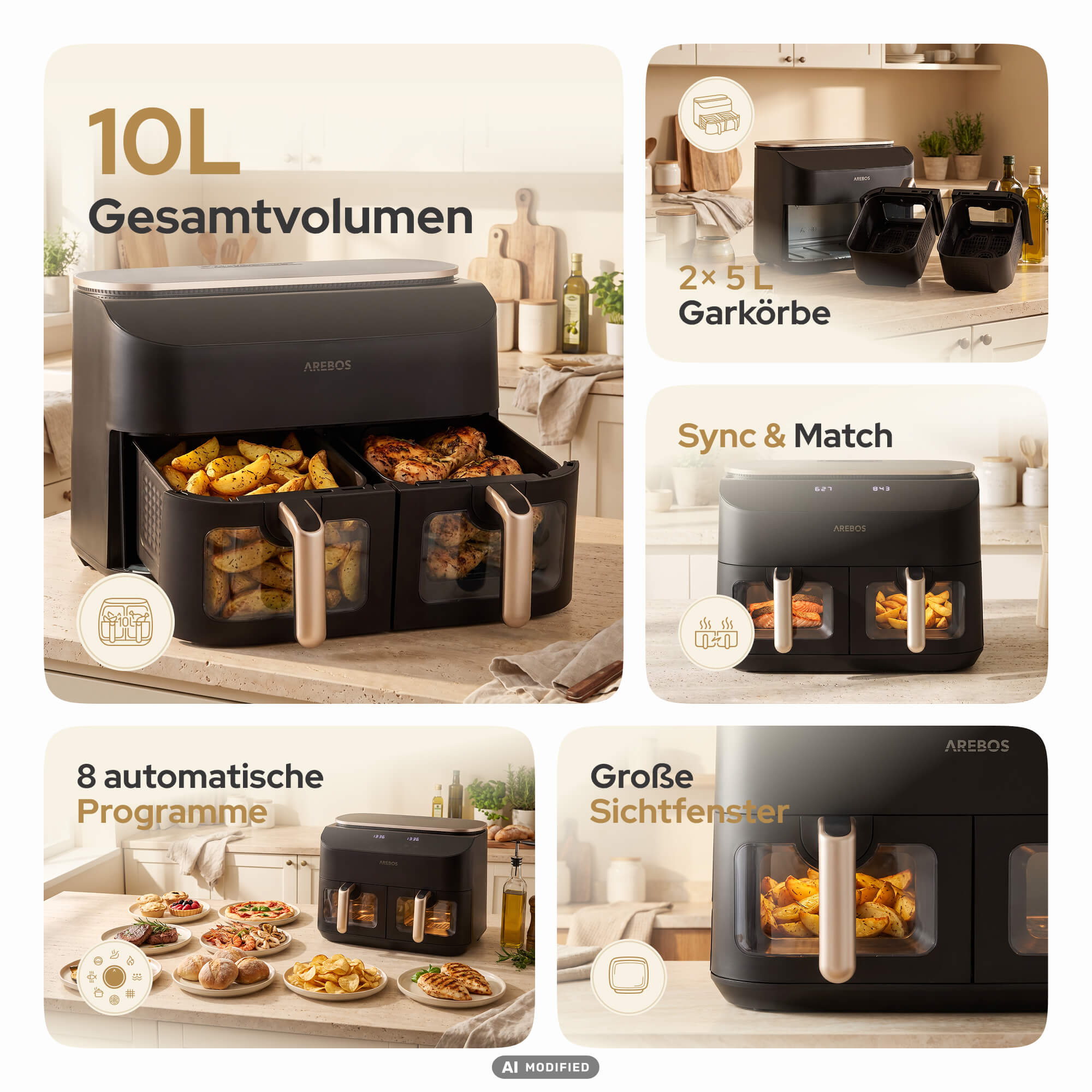 Eine schwarze Doppelkammer-Heißluftfritteuse mit Fenstern, Essensbeispielen und Texten in einer Küche.