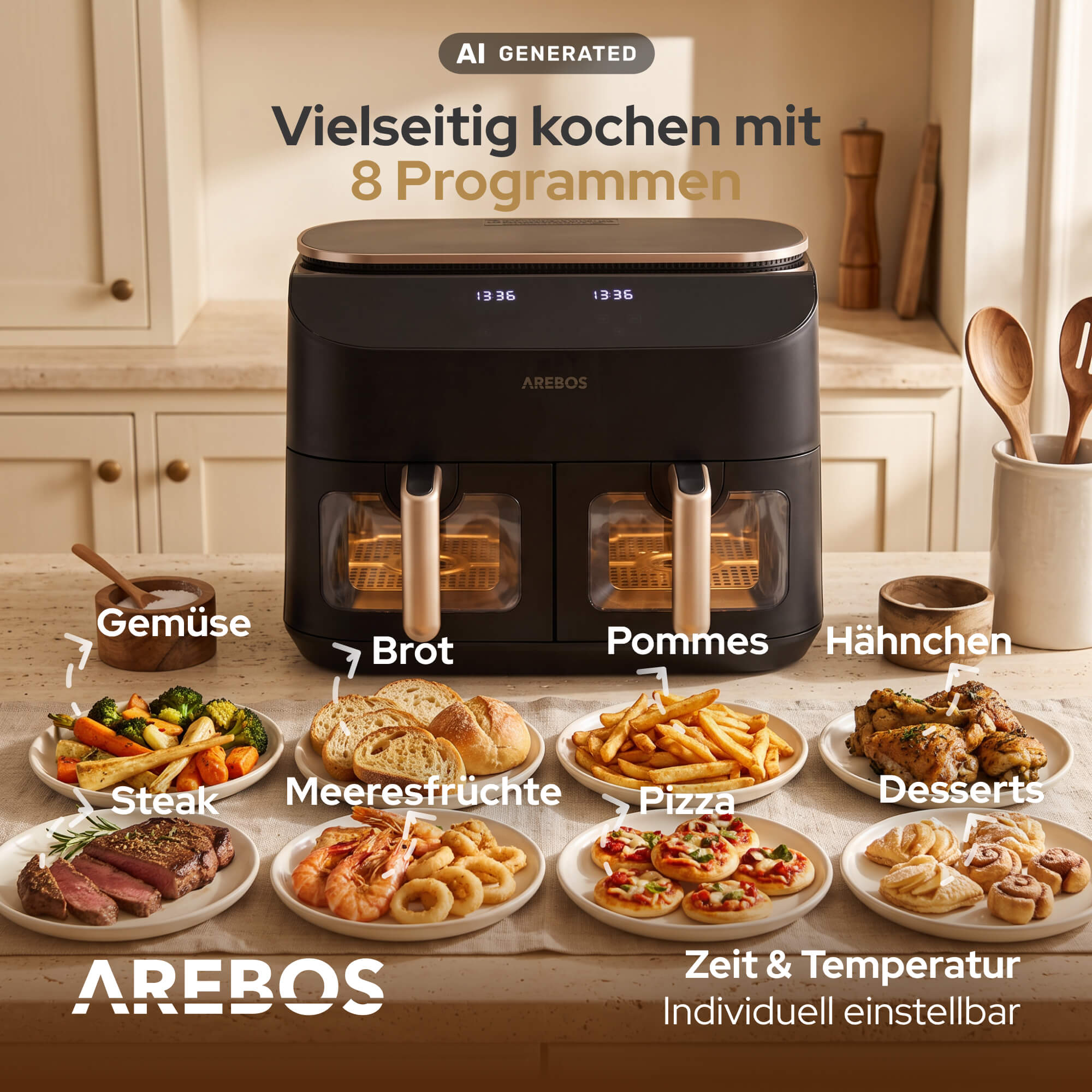 Schwarze Heißluftfritteuse auf einem Küchentisch, umgeben von acht Tellern mit verschiedenen Gerichten.