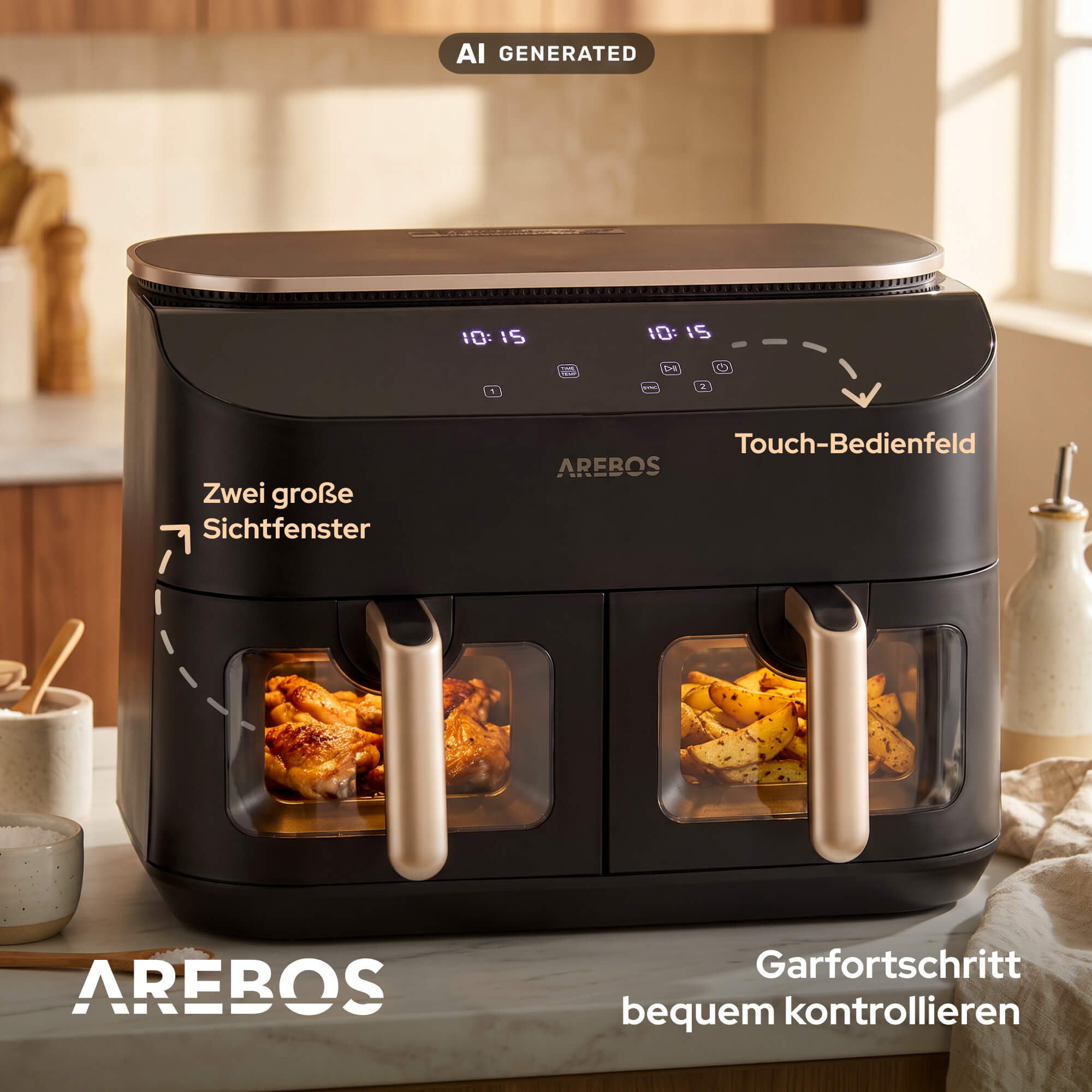 Schwarze Doppel-Heißluftfritteuse mit Sichtfenstern auf einer Küchenarbeitsplatte.