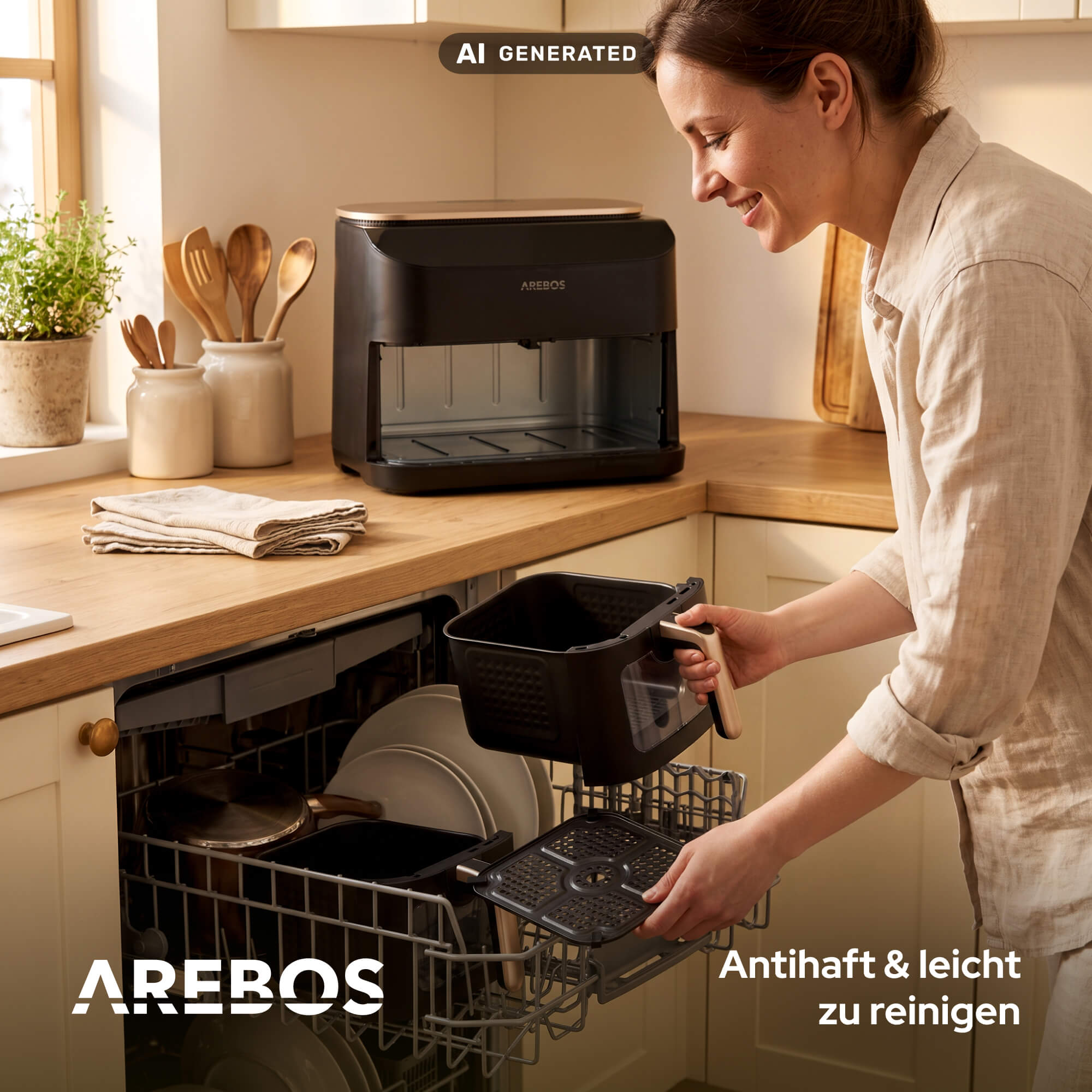 Eine Frau räumt die Teile einer schwarzen Heißluftfritteuse in den Geschirrspüler.