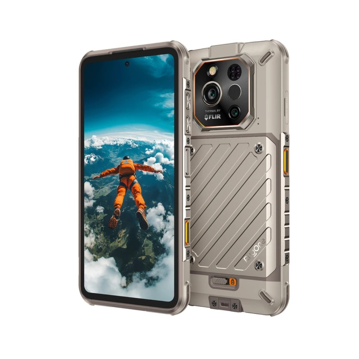 Wytrzymały smartfon z kamerą termowizyjną FLIR i spadochroniarzem na ekranie.