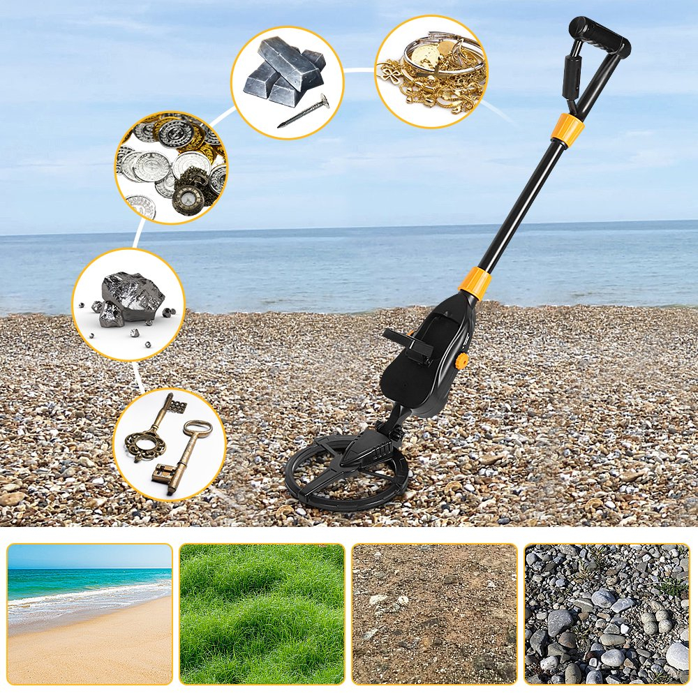 Ein schwarz-gelber Metalldetektor an einem Kiesstrand mit kreisrunden Einsatzbildern von Fundstücken.
