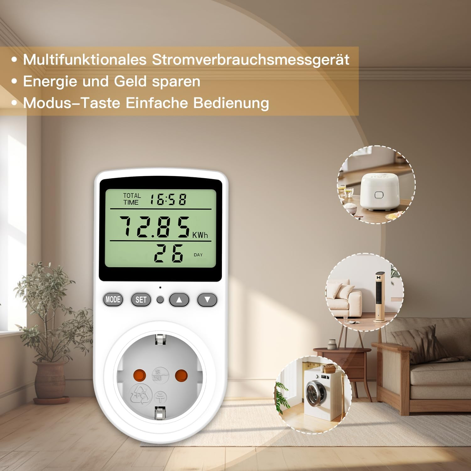 Ein weißes Stromverbrauchsmessgerät mit digitalem Display und deutscher Textüberlagerung.