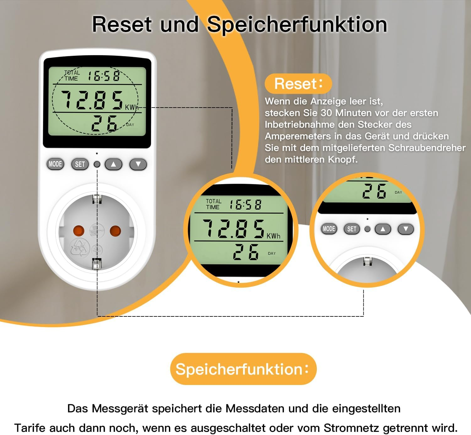 Anleitung für Reset und Speicherfunktion eines Strommessgeräts mit LCD-Display.