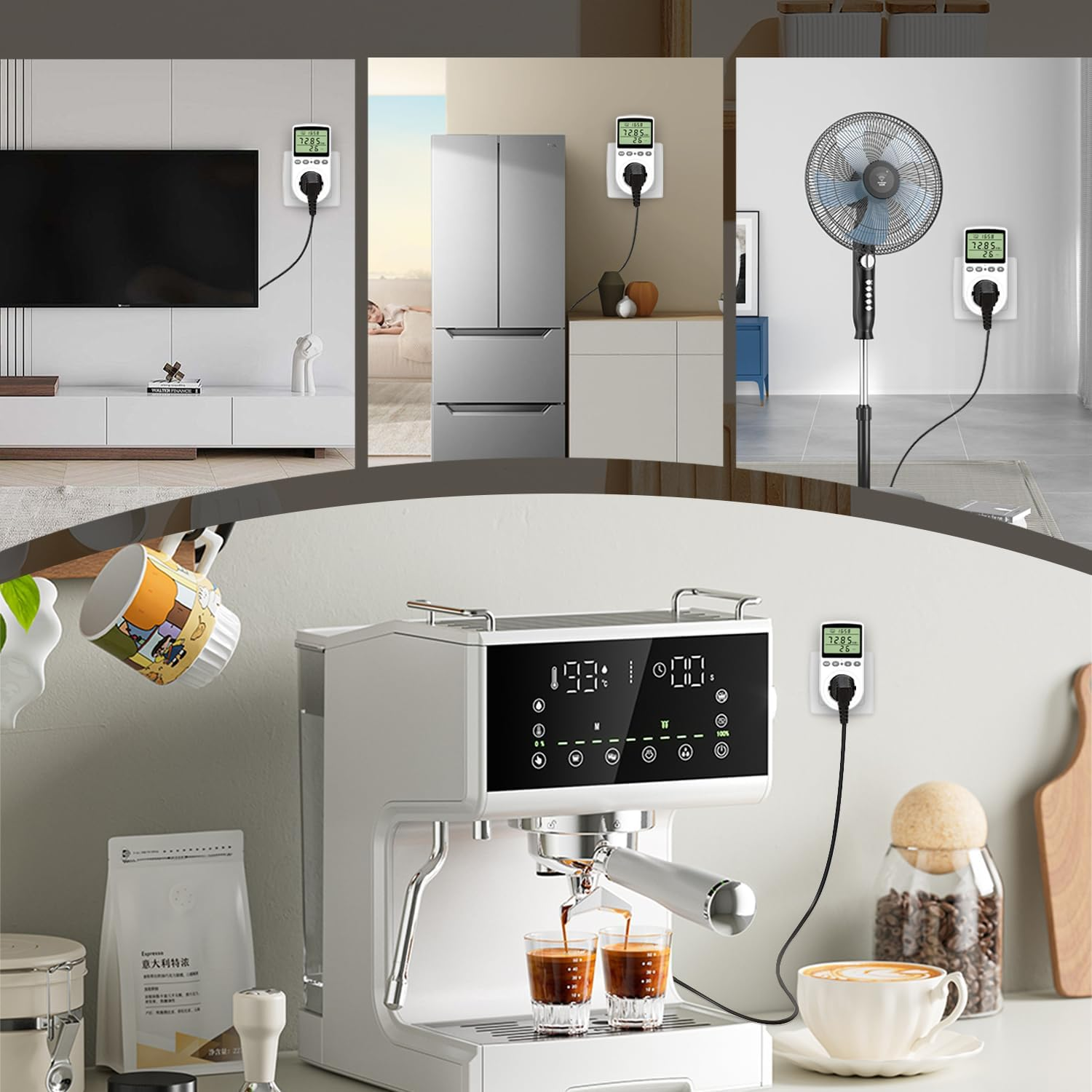 Eine Collage zeigt einen Energiezähler an Steckdosen für Fernseher, Kühlschrank, Ventilator und Kaffeemaschine.