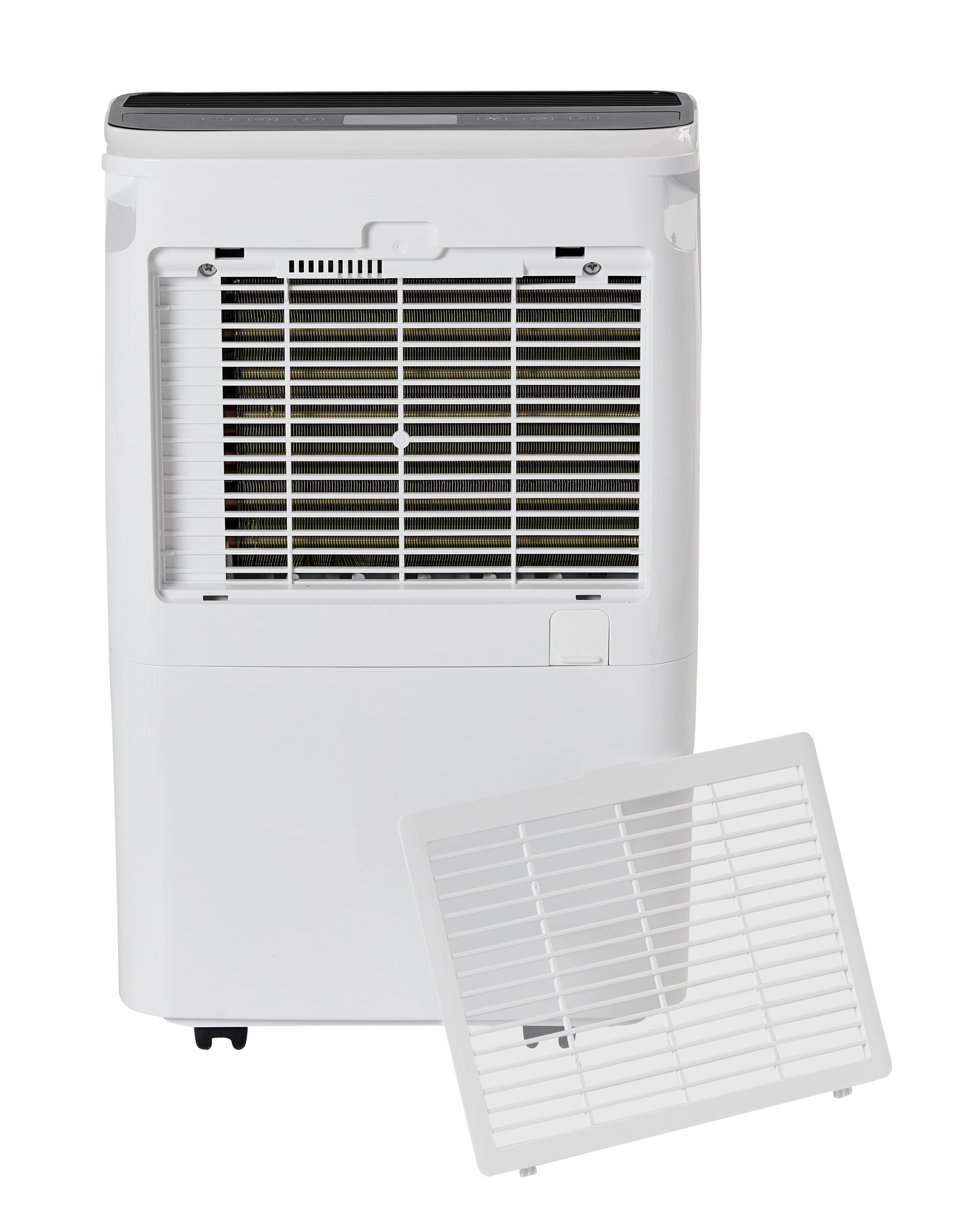 Ein weißer Luftentfeuchter mit abgenommenem Lüftungsgitter zeigt die inneren Lamellen.