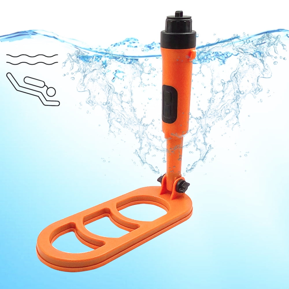 Ein oranger Metalldetektor im Wasser mit Spritzern und einem Tauchersymbol.