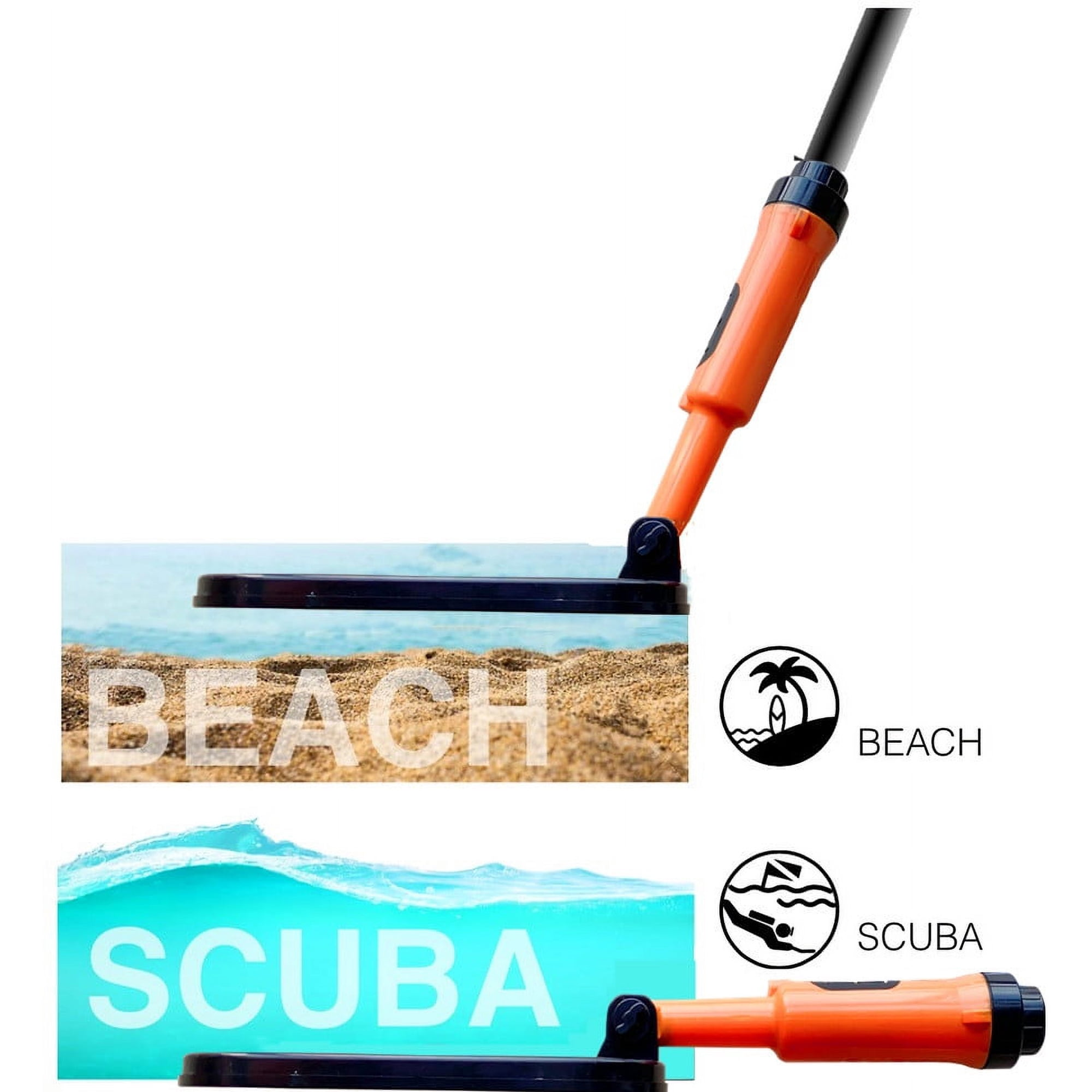 Ein orange-schwarzer Metalldetektor für Strand und Tauchen, dargestellt in zwei Modi mit Symbolen.