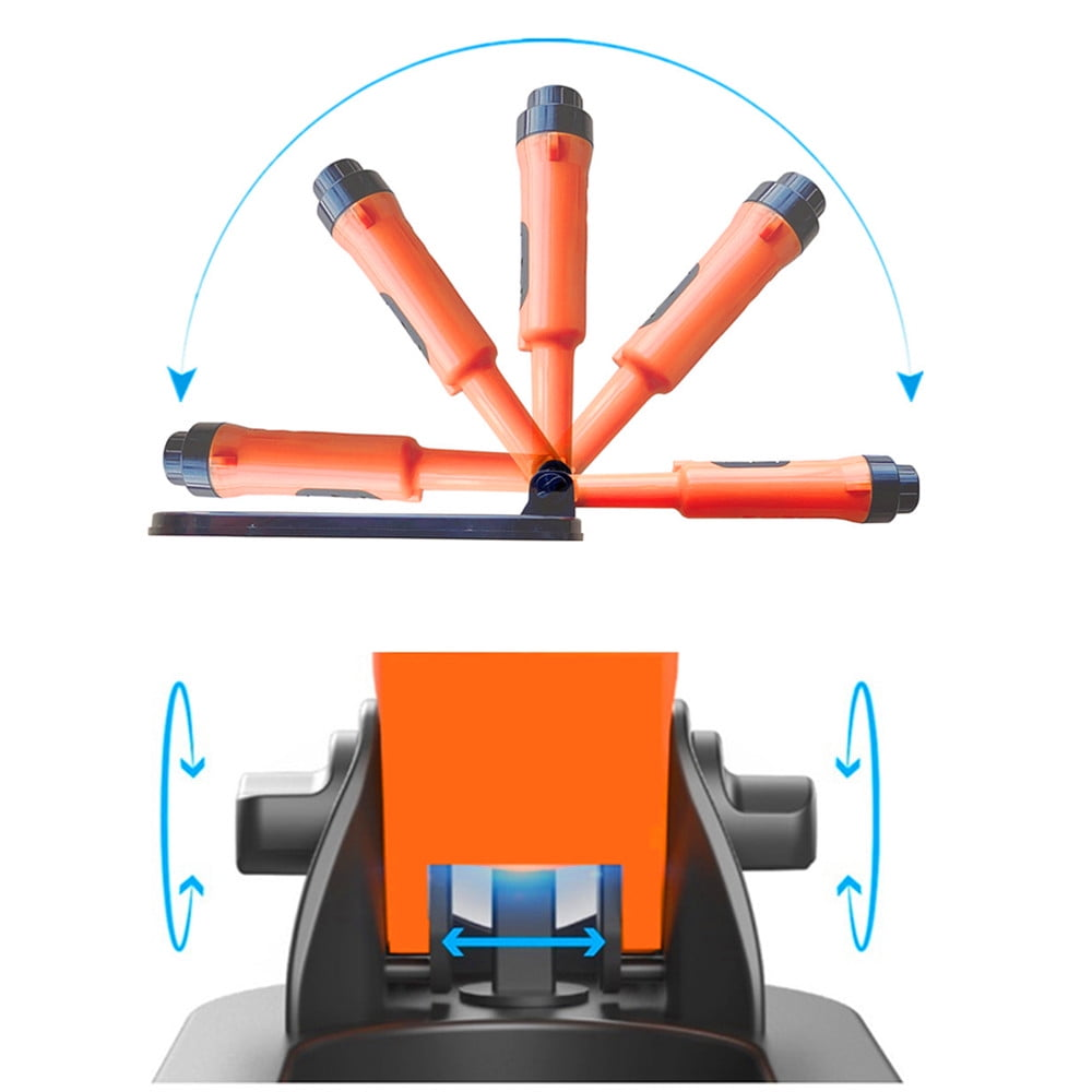Diagramm zeigt den einstellbaren Winkelbereich eines orangen Werkzeugs.