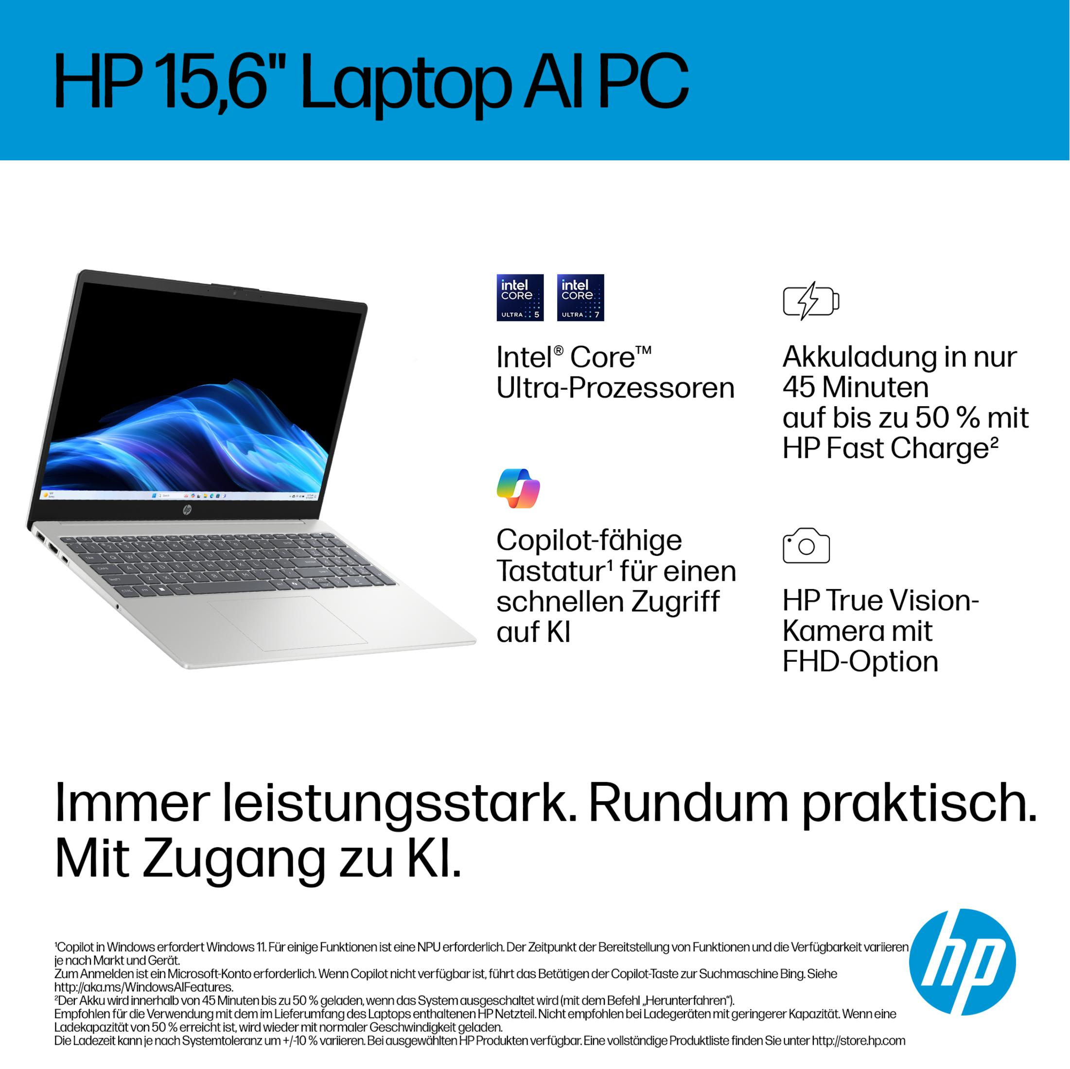 Werbebild für HP 15,6 Zoll Laptop AI PC mit Intel Core Ultra Prozessoren und Copilot-Taste.