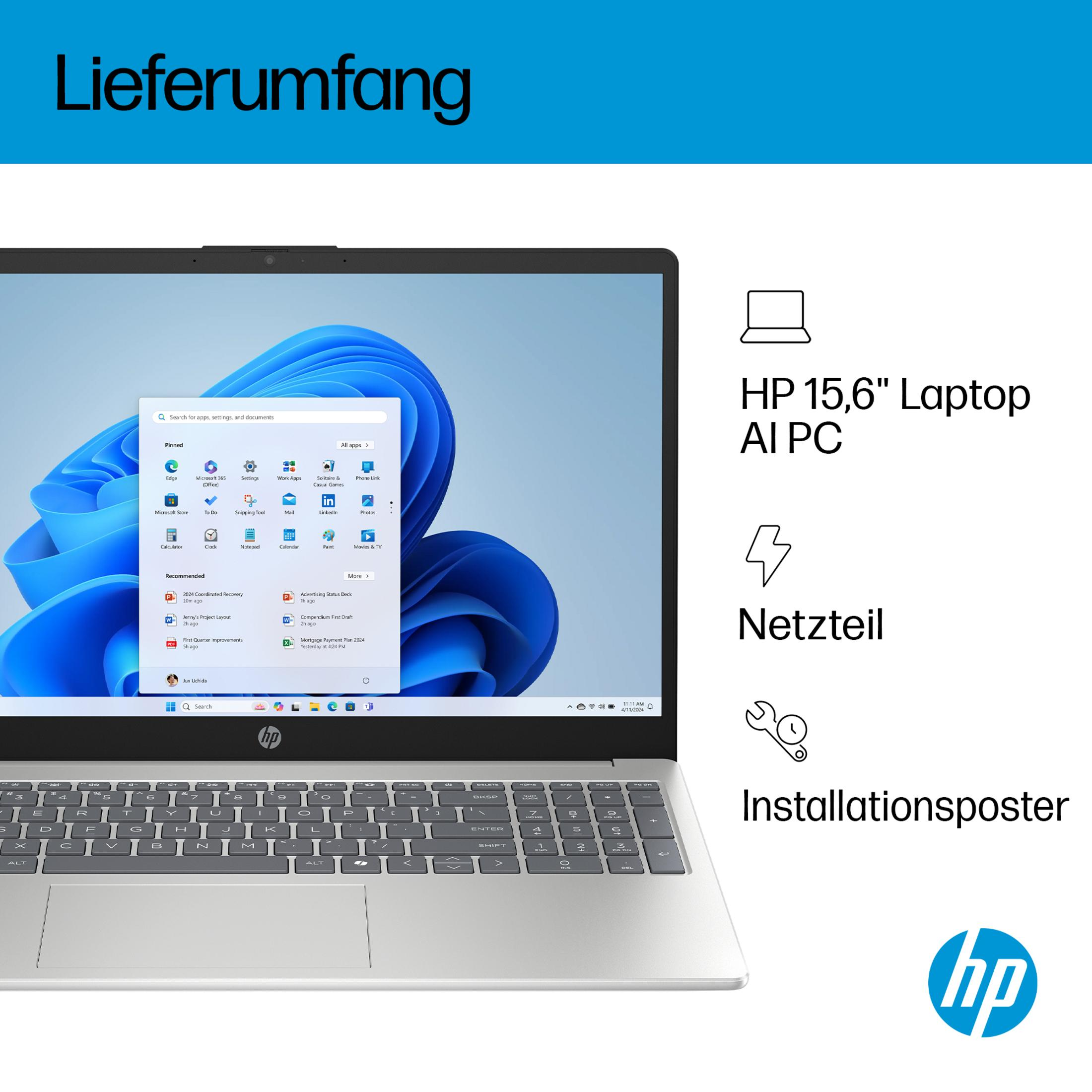 HP 15.6 Zoll Laptop AI PC, Netzteil und Installationsposter im Lieferumfang.