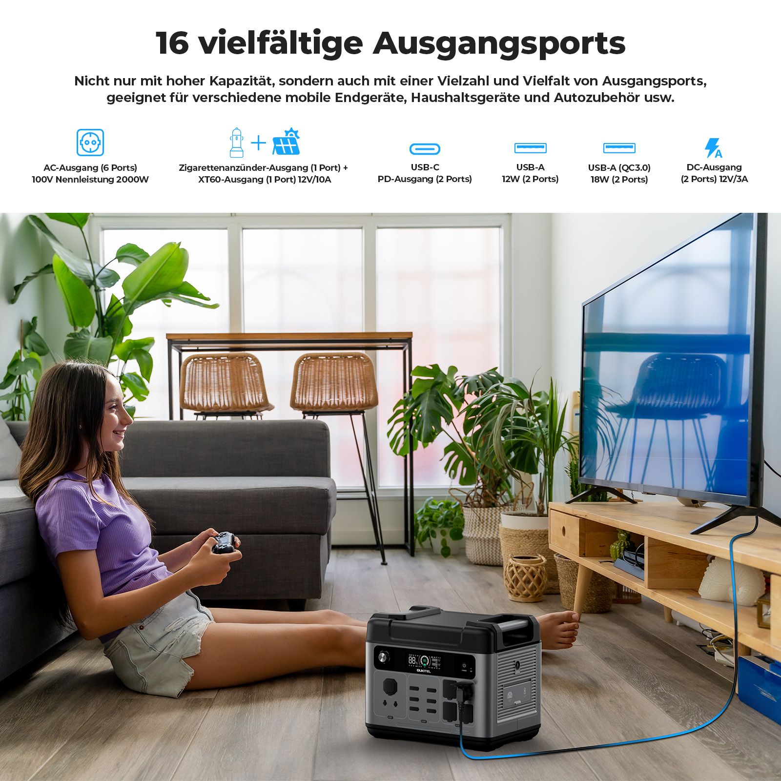 Eine Frau spielt Videospiele auf dem Boden neben einer Powerstation, die einen Fernseher betreibt.